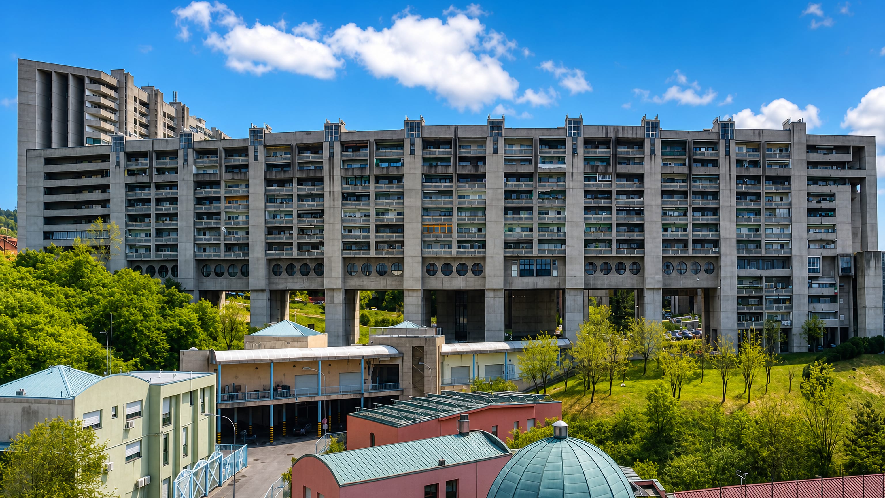 The curved brutalist Rozzol Melara housing complex above the hillside rooftops of Trieste.