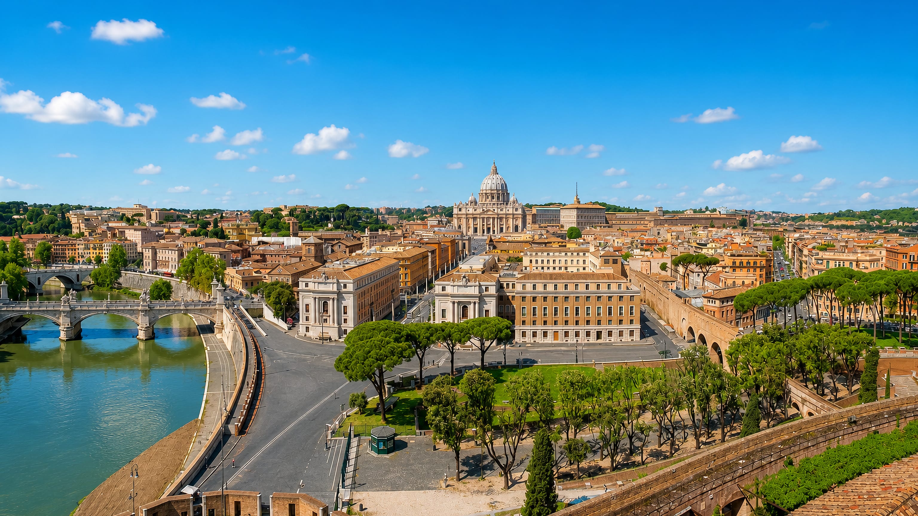 St Peter's Basilica rising beyond Via della Conciliazione and the Tiber in Rome's Borgo district