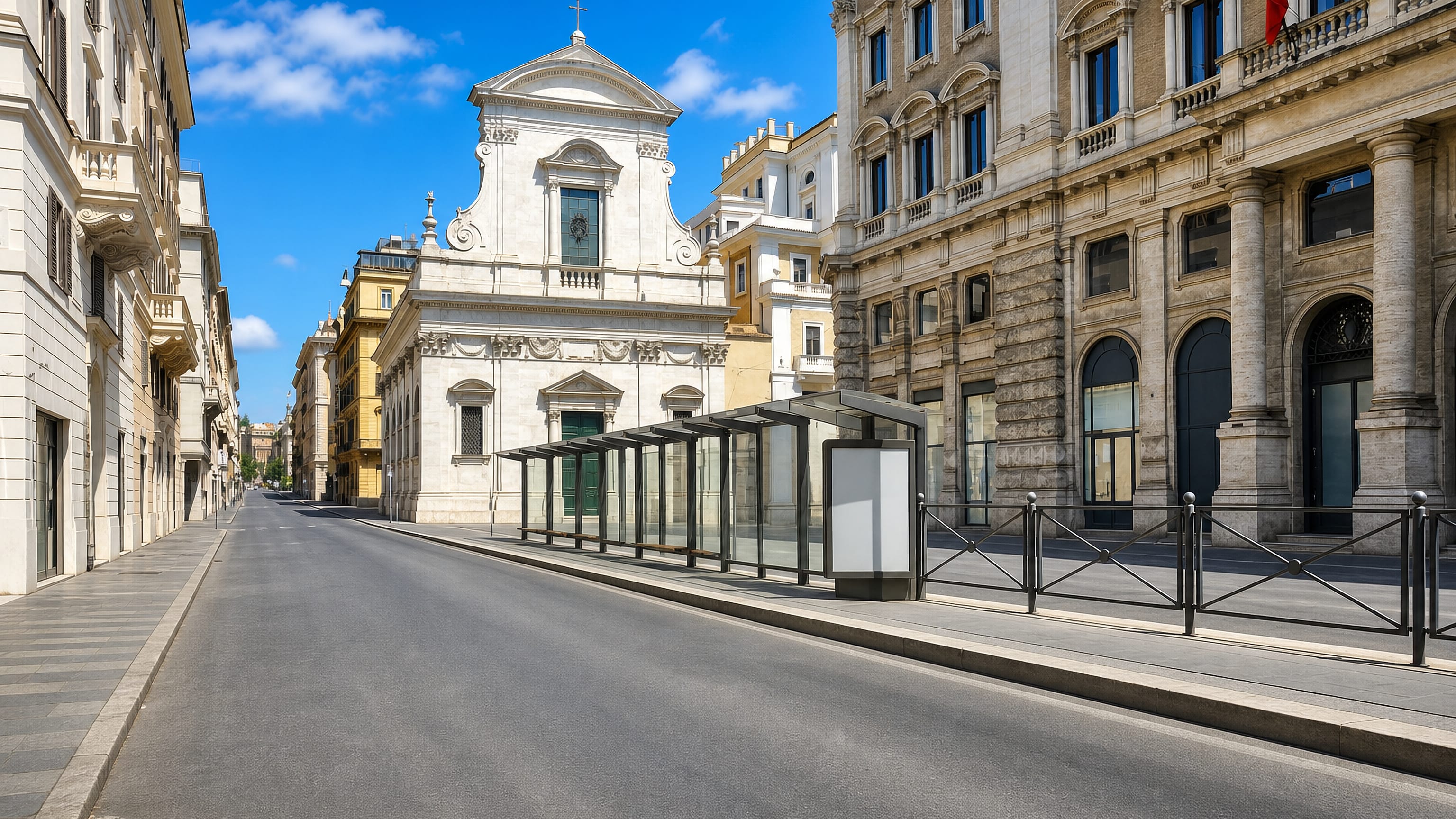 A quiet Rione Colonna street in central Rome with a Baroque church facade and a palazzo colonnade
