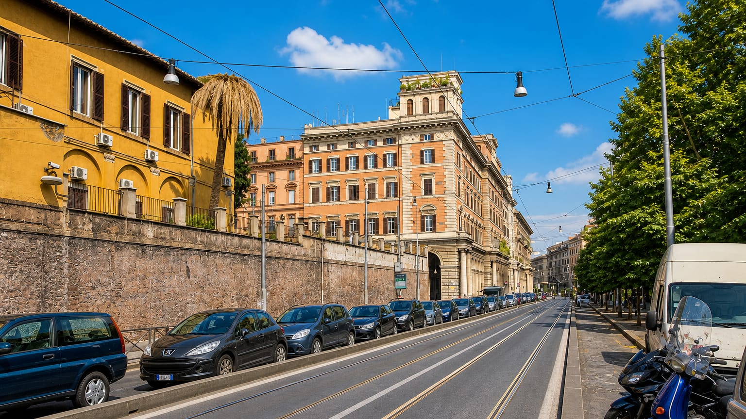 Tree-lined avenue in Rome's Esquilino district with a grand ochre palazzo, tram tracks and parked cars under blue sky.