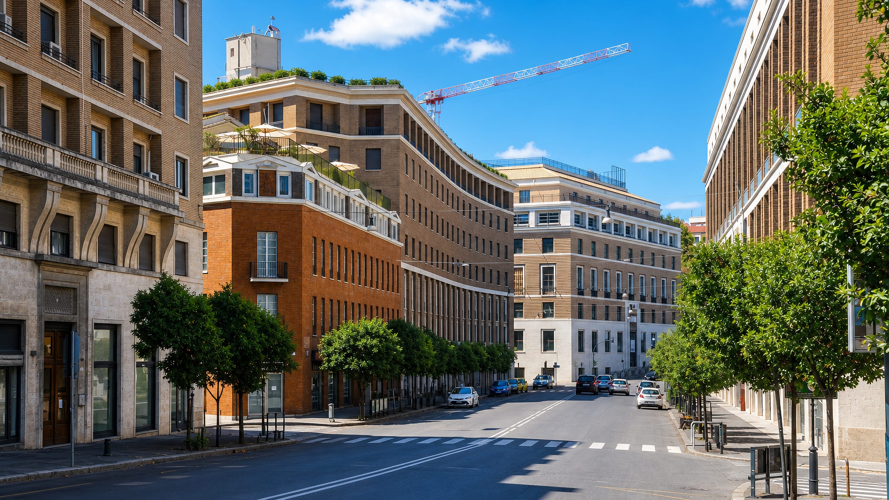 Sunlit street of travertine and brick 1930s blocks in the Ludovisi quarter of Rome, with street trees and light traffic.