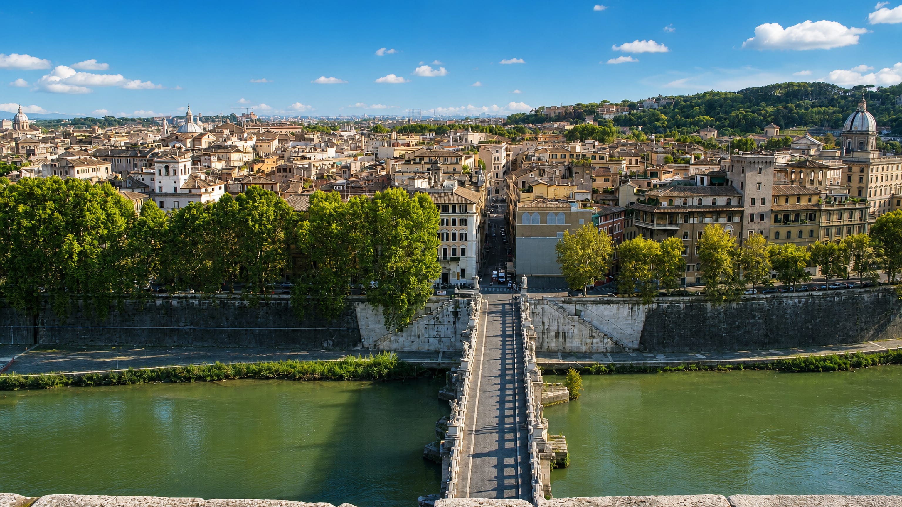 Ponte Sant'Angelo crossing the Tiber into the Ponte district of Rome, seen from Castel Sant'Angelo.