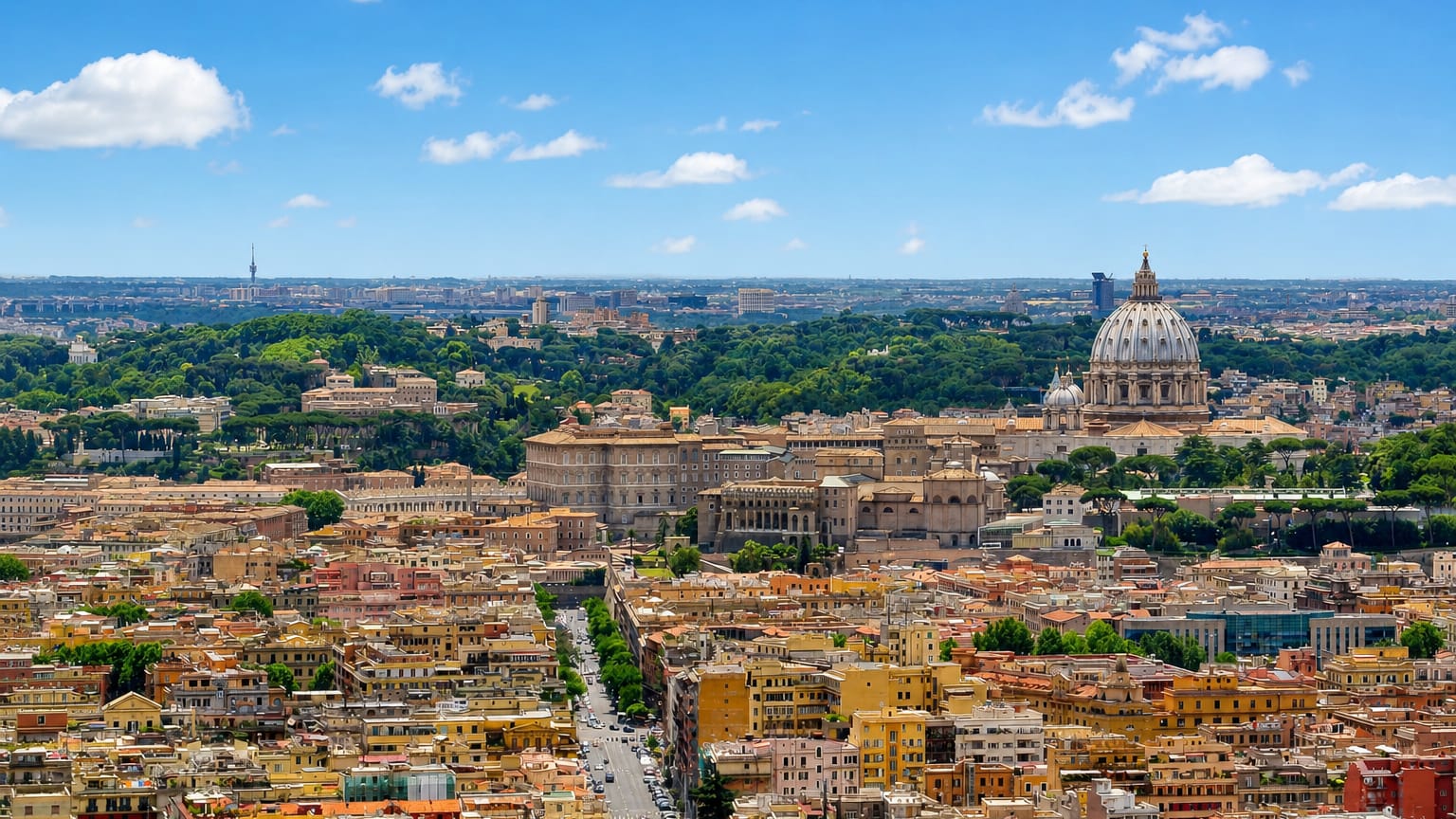 Rome's Prati district rooftops with the dome of St Peter's Basilica dominating the skyline under a blue sky