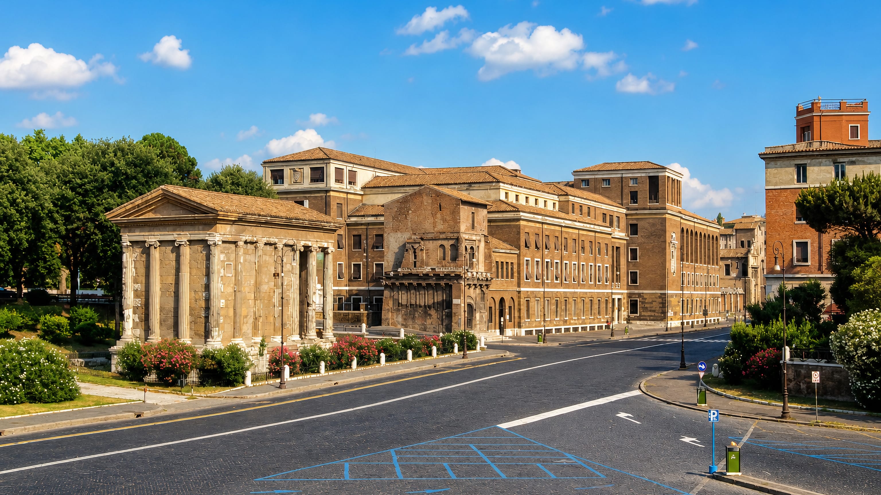 The columned Temple of Portunus on the Forum Boarium beside Via Petroselli in Rome's Ripa rione