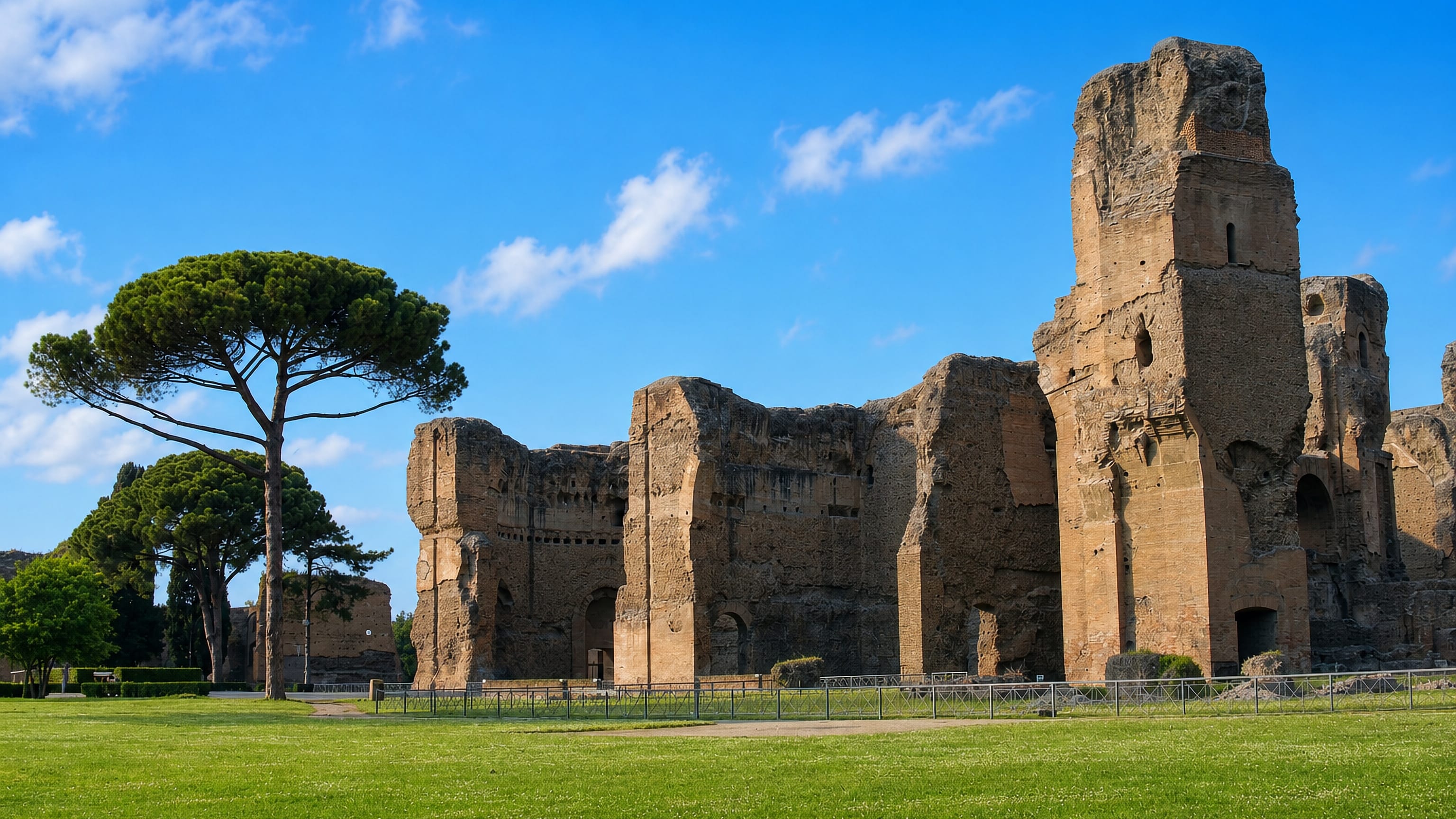 The brick ruins of the Baths of Caracalla and umbrella pines in Rome's San Saba district