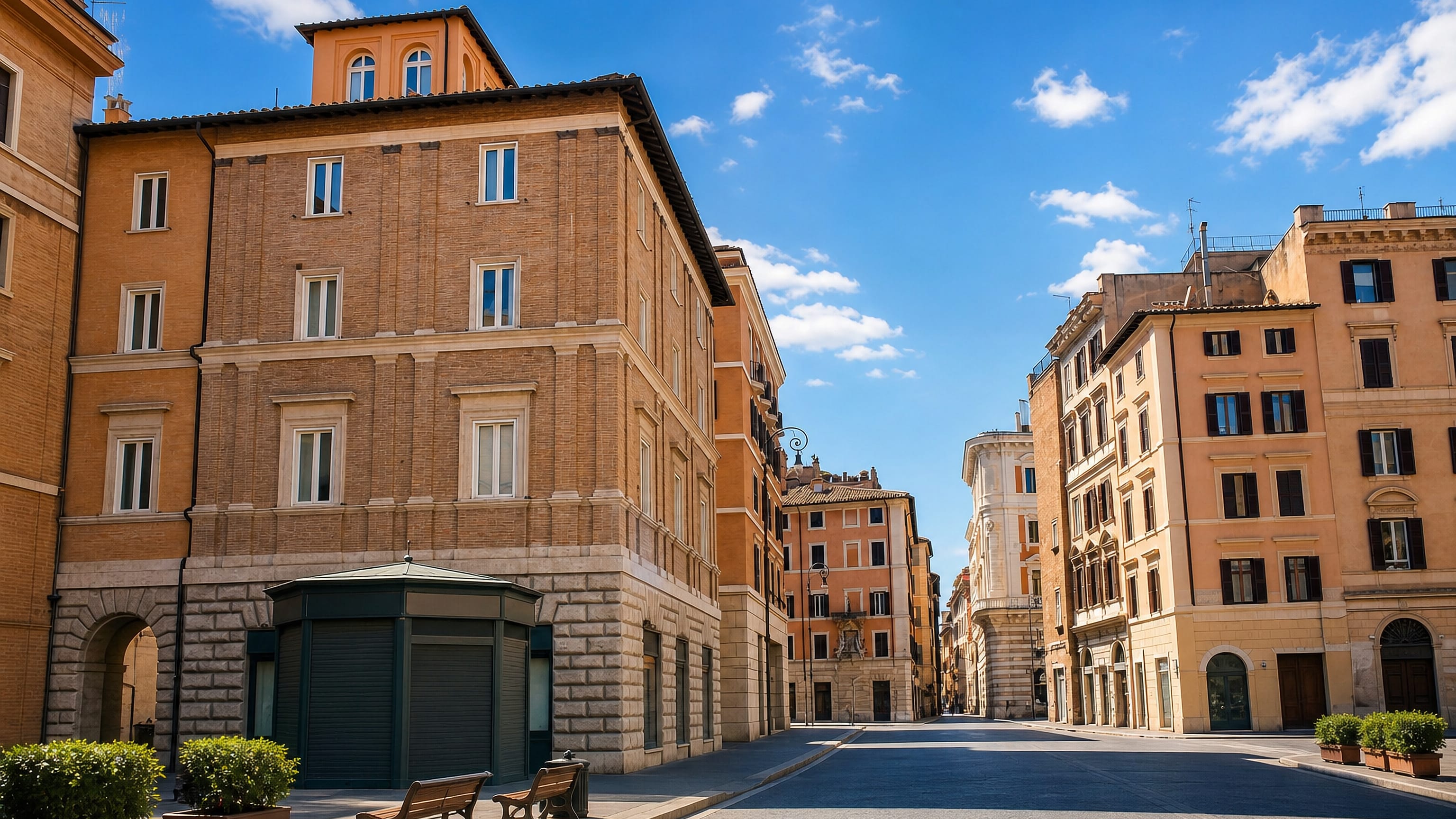 Sunlit ochre palazzi lining a quiet cobbled street in Rome's Sant'Eustachio rione.