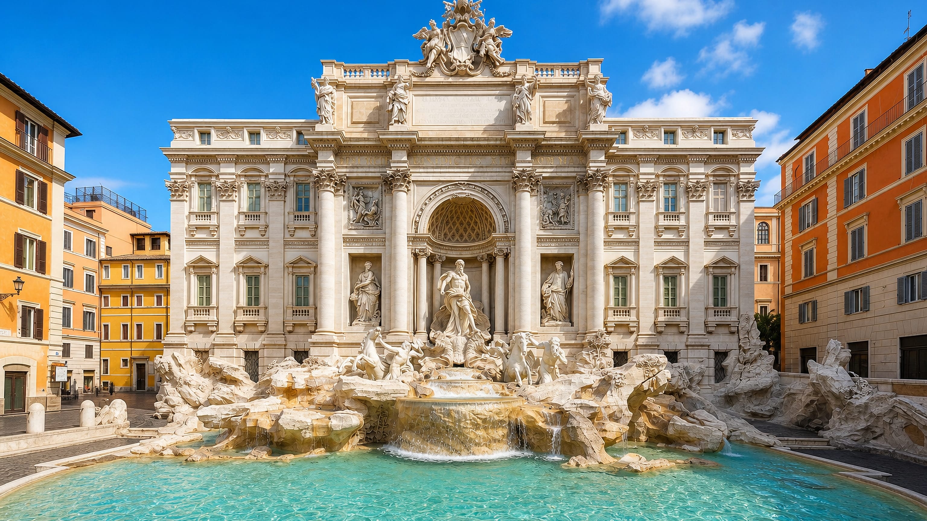 The Trevi Fountain and Palazzo Poli facade in Rome's Trevi rione, its turquoise basin lit by midday sun.