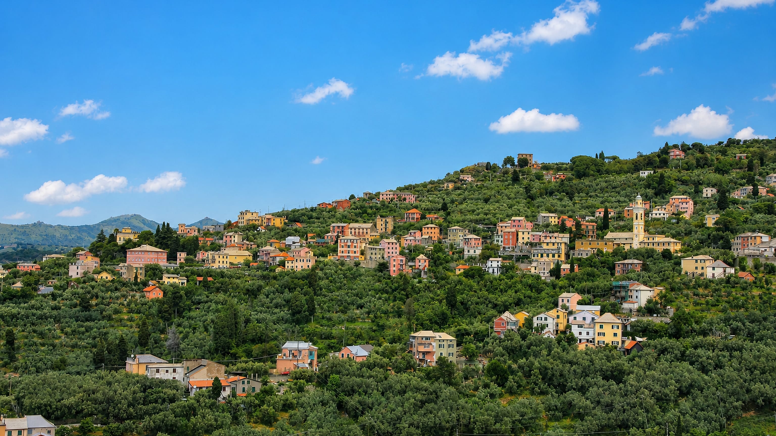 Pastel houses scattered among olive terraces on the hillside of Apparizione above eastern Genoa.