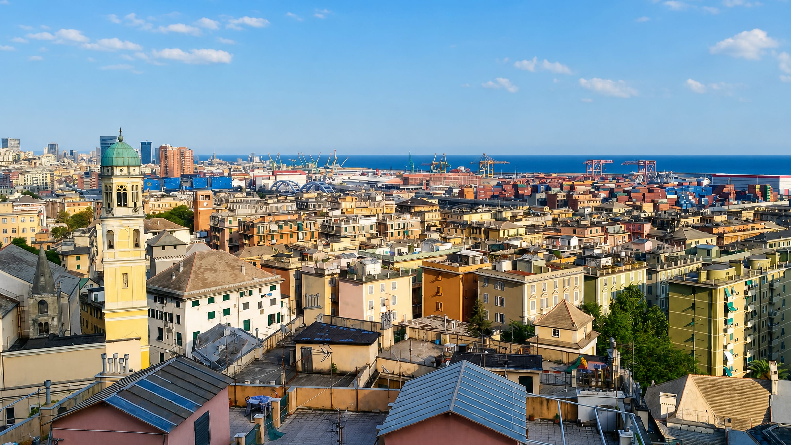 Rooftops and a domed bell tower of Cornigliano Ligure above Genoa's container port and the sea