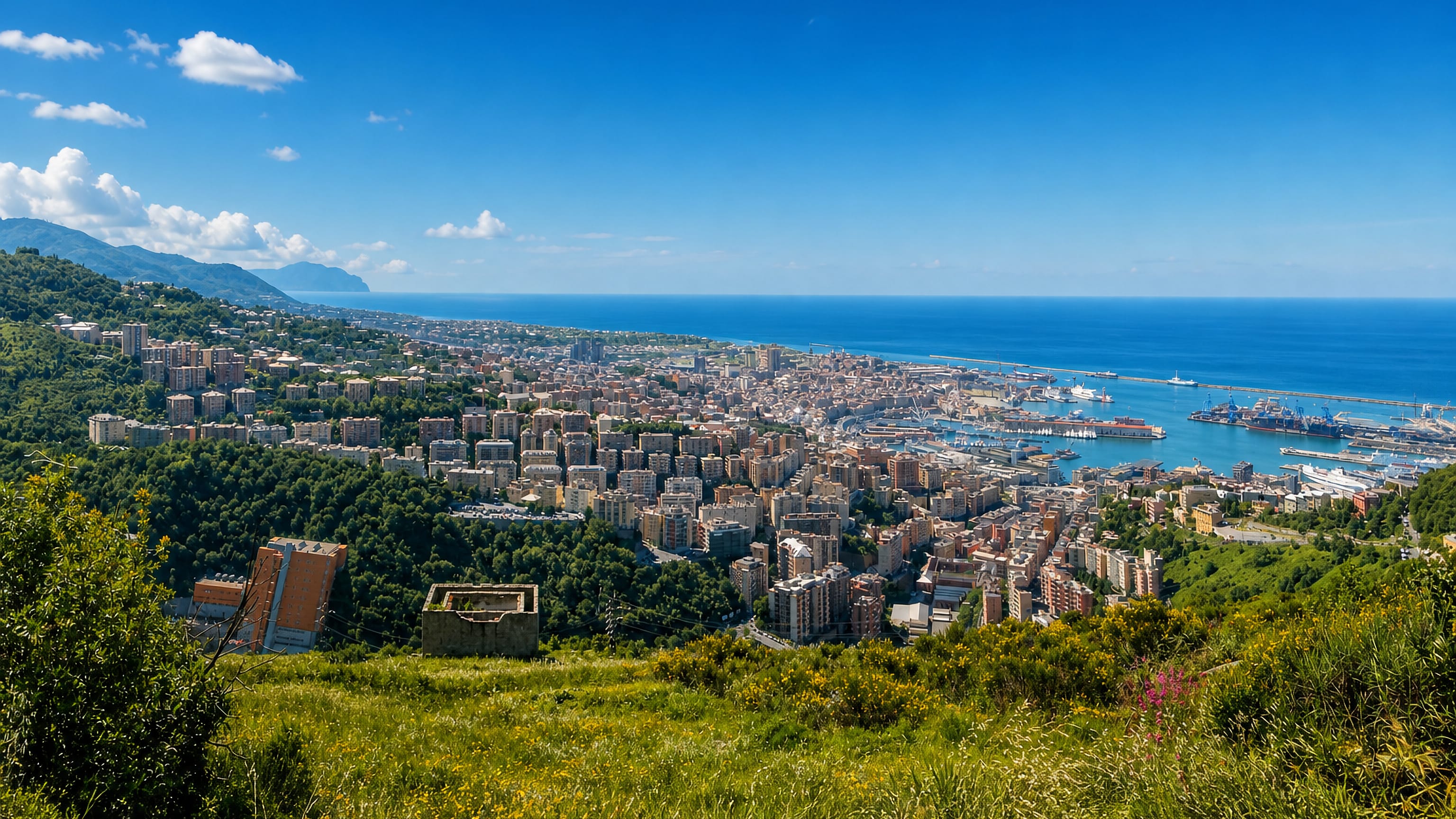 Hillside view from Granarolo over central Genoa, its port cranes and the Ligurian Sea.