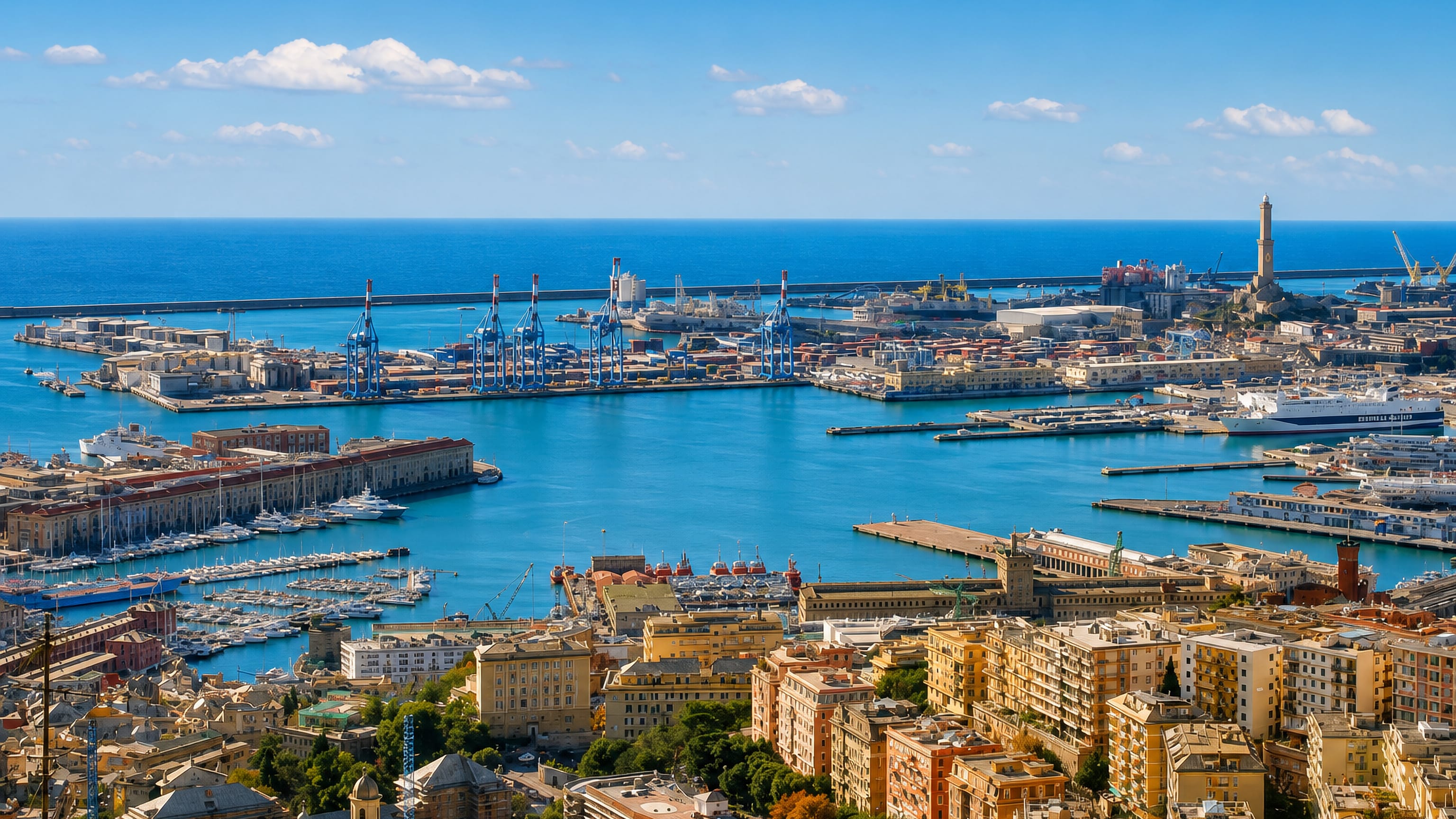 Genoa's harbour from the hills above, with container cranes, ferry berths and the Lanterna lighthouse on the headland.
