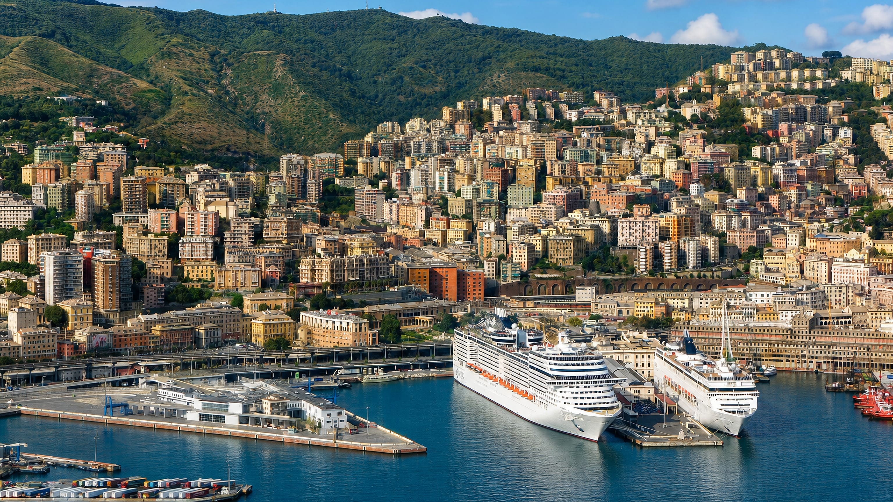 Genoa's Lagaccio hillside apartments rising above the port, with cruise ships berthed at the terminal below.