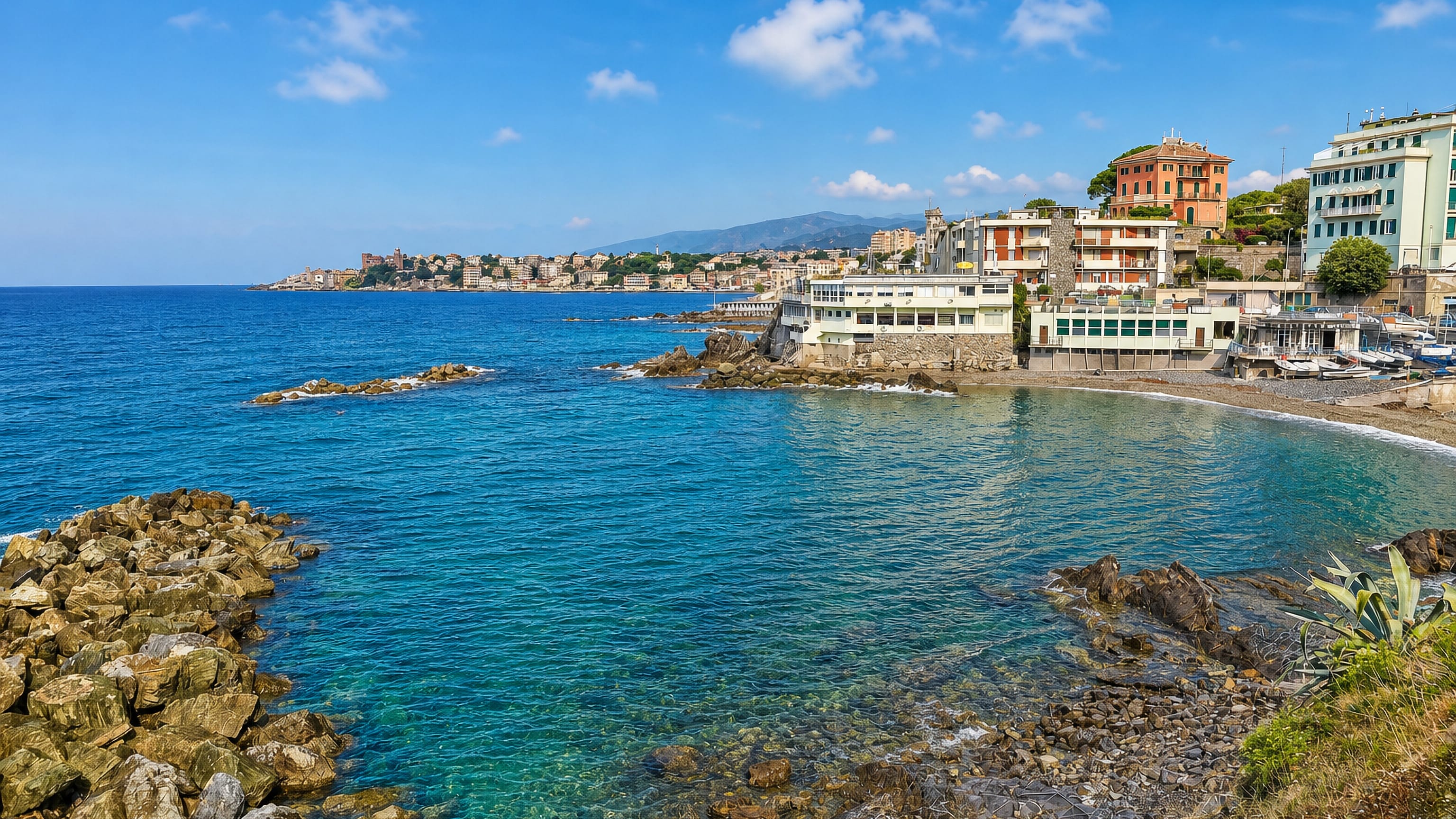 Rocky turquoise cove at Priaruggia on Genoa's coast, with pastel villas and bathing terraces above the shore.