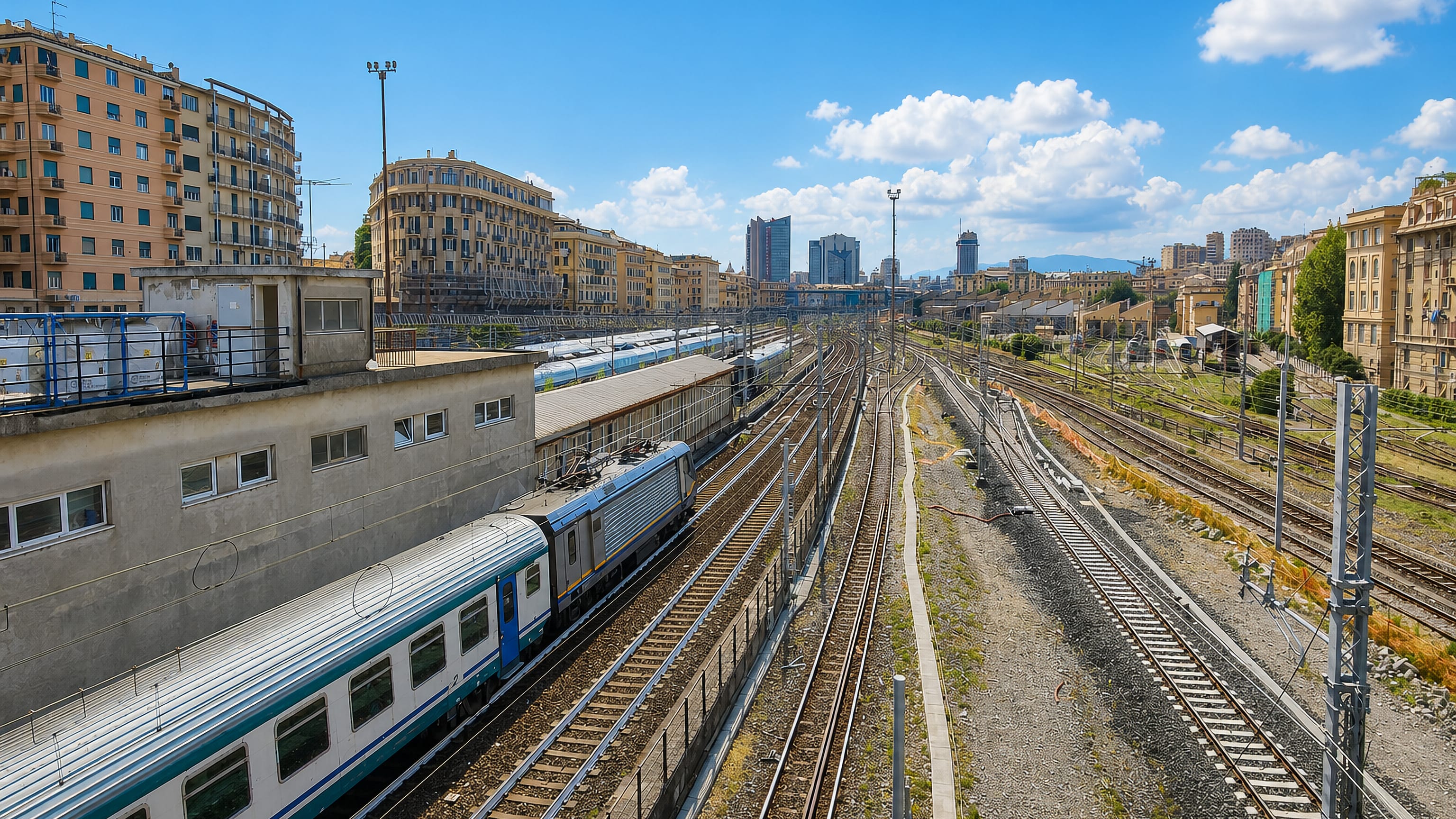 Railway lines and trains beside apartment blocks in San Fruttuoso, with Genoa's towers on the horizon