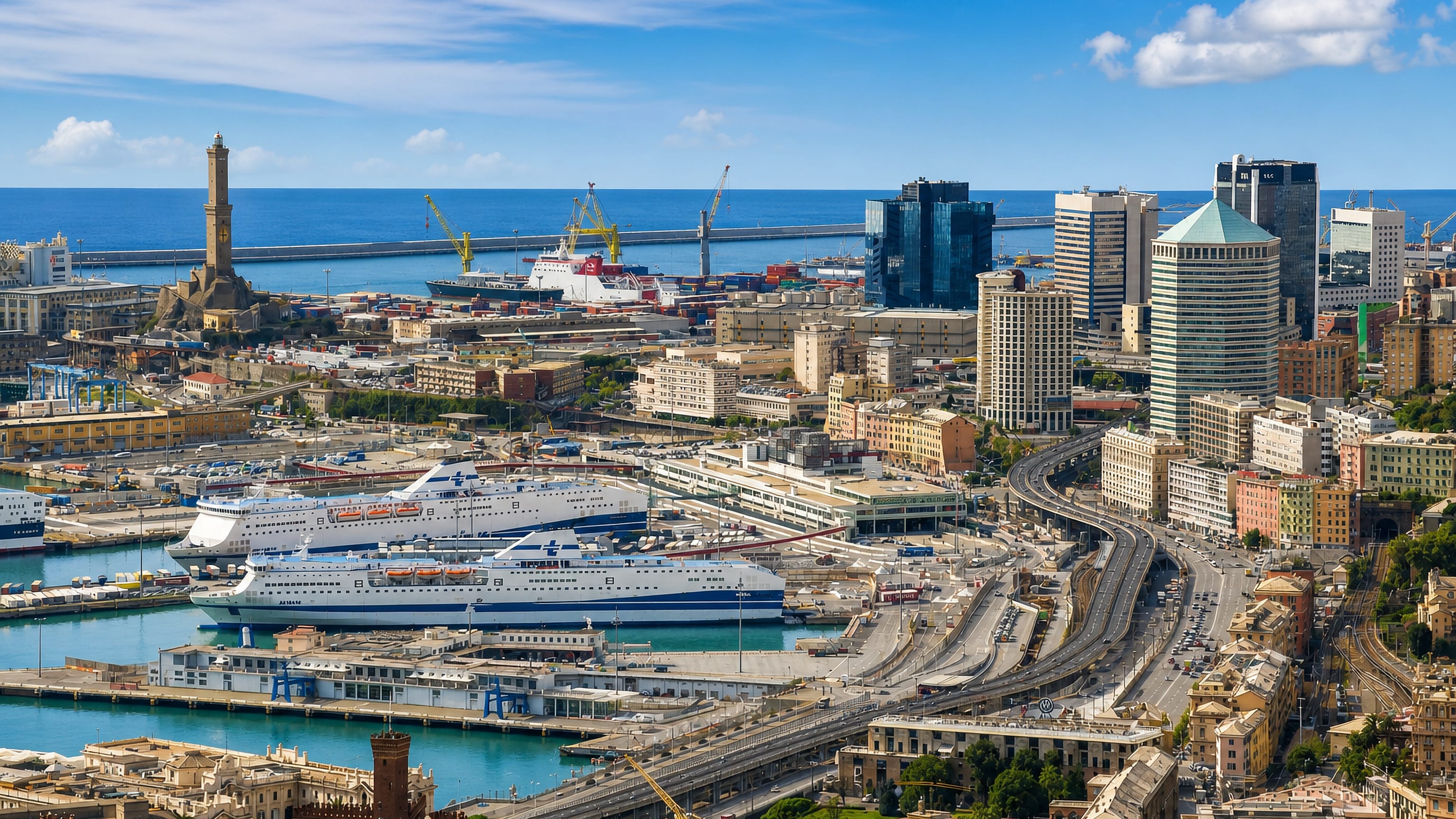 San Teodoro, Genoa, above the port: the Lanterna lighthouse, moored ferries and the city's high-rise skyline.