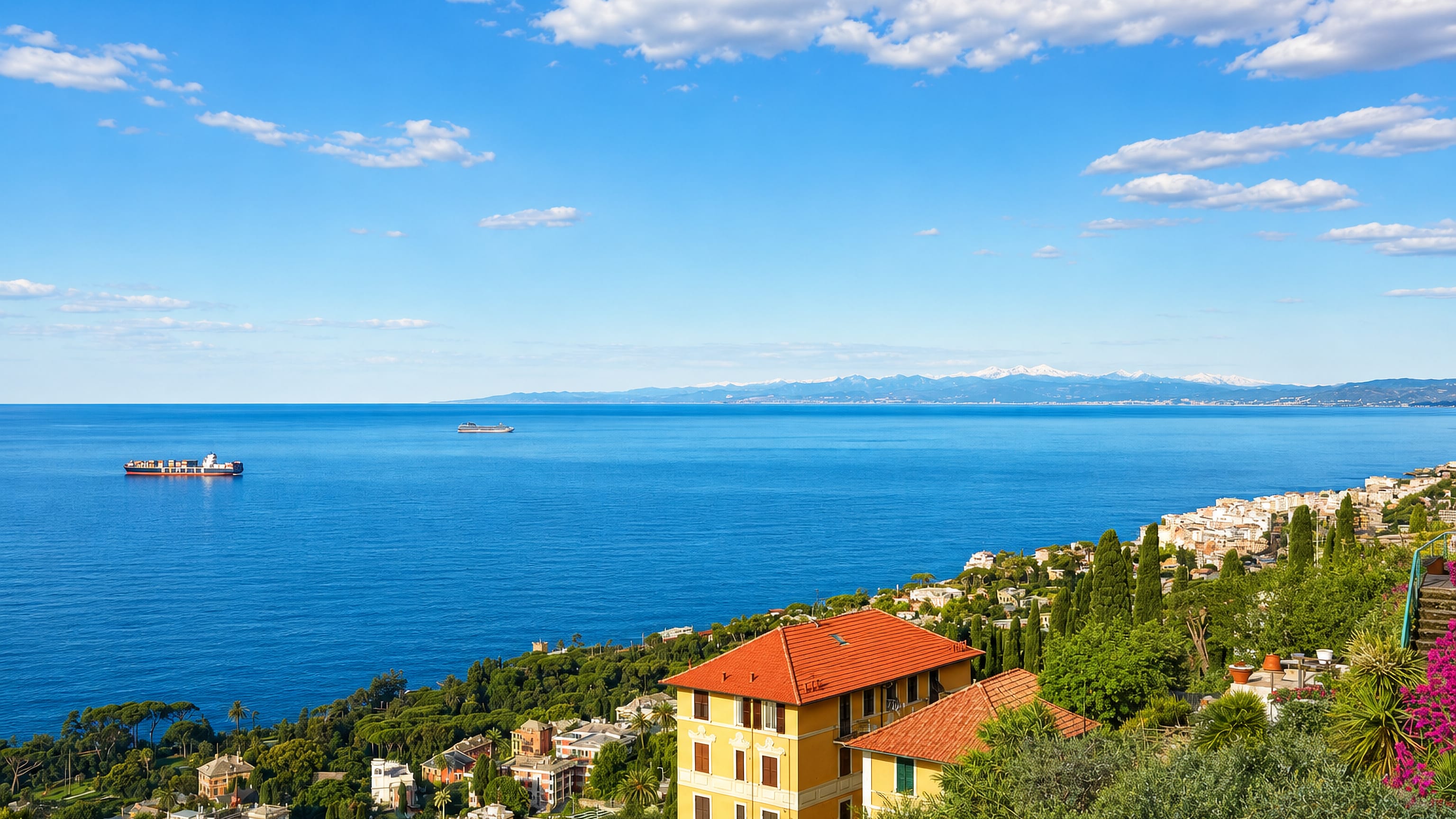 Terraced hillside villas above the Ligurian Sea at Sant'Ilario, Genoa, with ships and the distant Alps