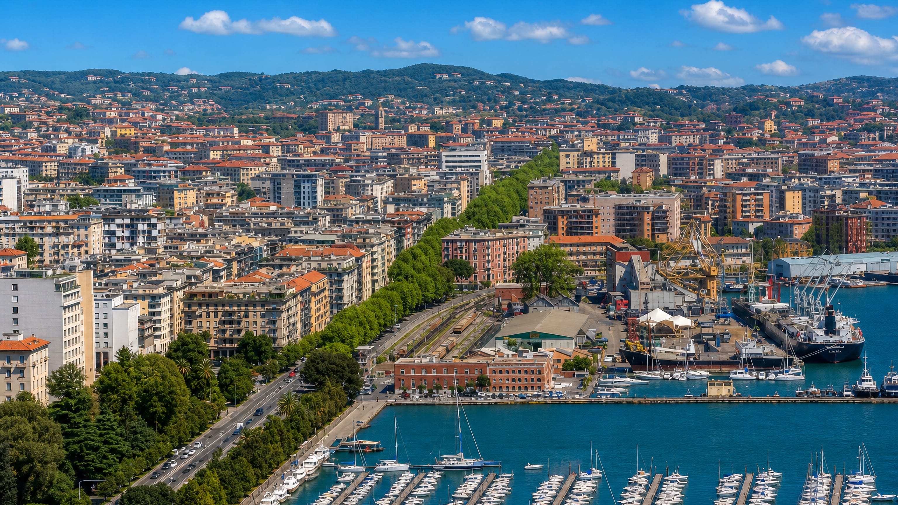 La Spezia's marina and commercial port on the Gulf of La Spezia, with the city and wooded Ligurian hills behind.
