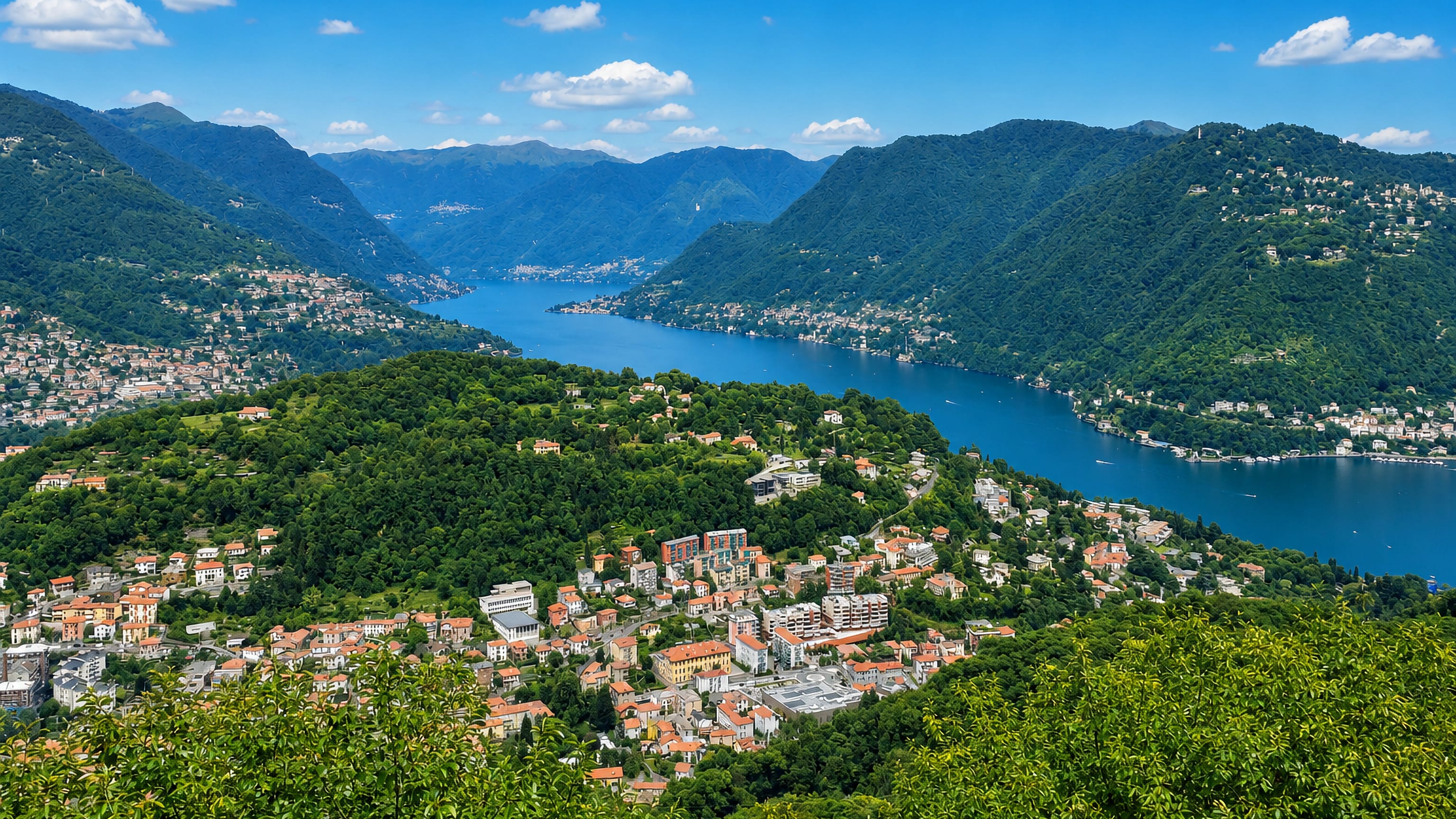 Hillside houses of Monte Olimpino above the wooded shores of Lake Como, with the lake stretching north.