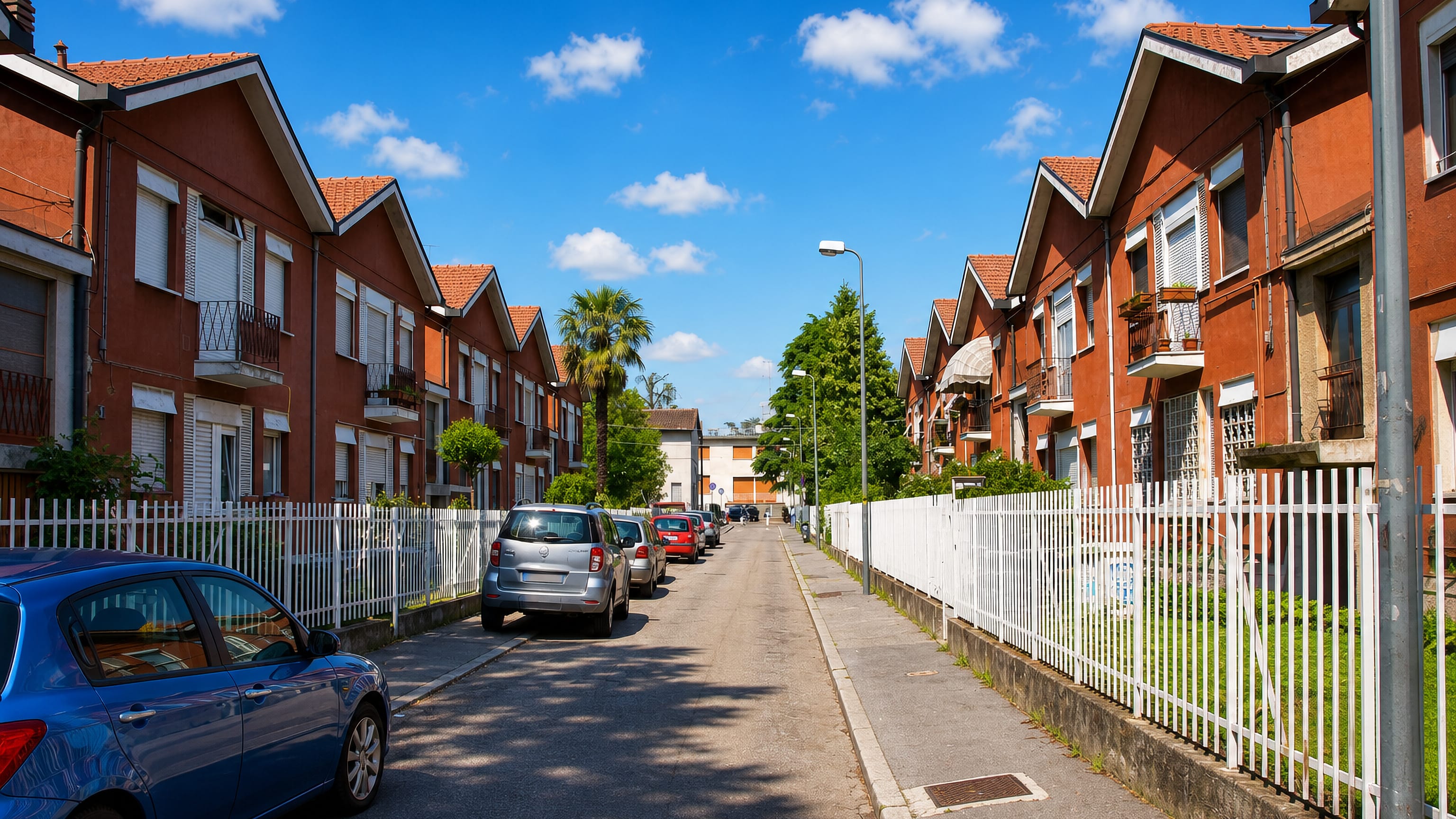 A quiet street of red-brick terraced houses with parked cars in Quartiere Otto, Milan.