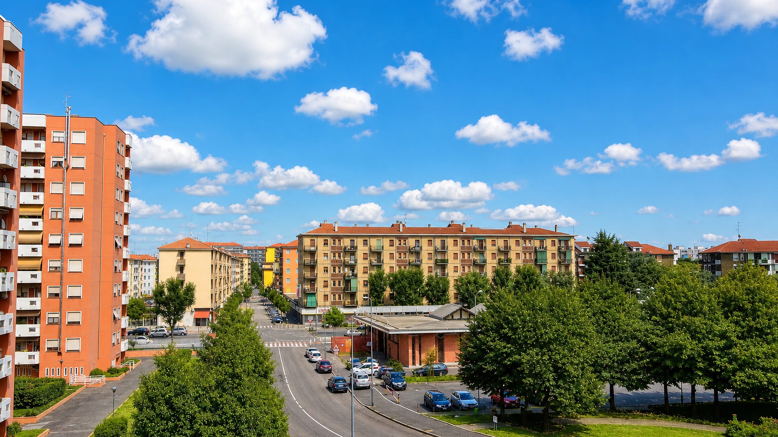Postwar apartment blocks and tree-lined streets in the Quarto Oggiaro district of Milan