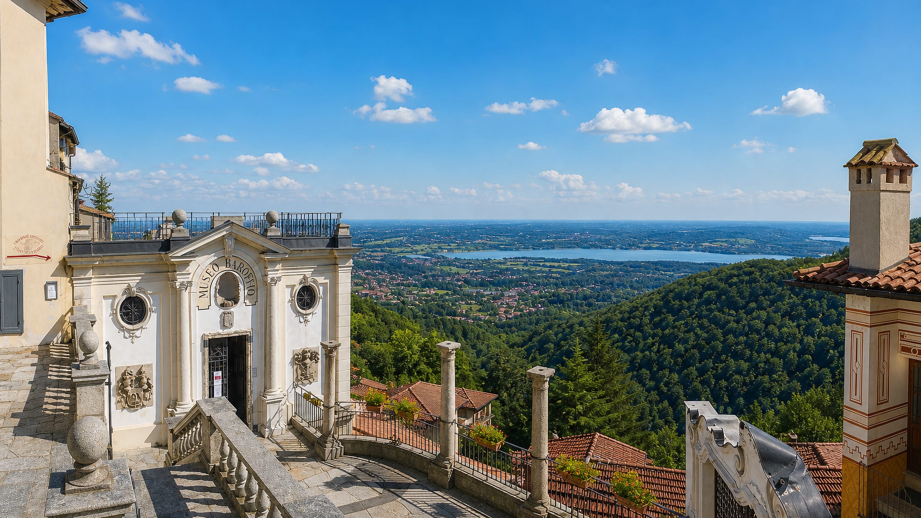 Museo Baroffio at Sacro Monte di Varese overlooking wooded hills, lakes and the Lombardy plain below