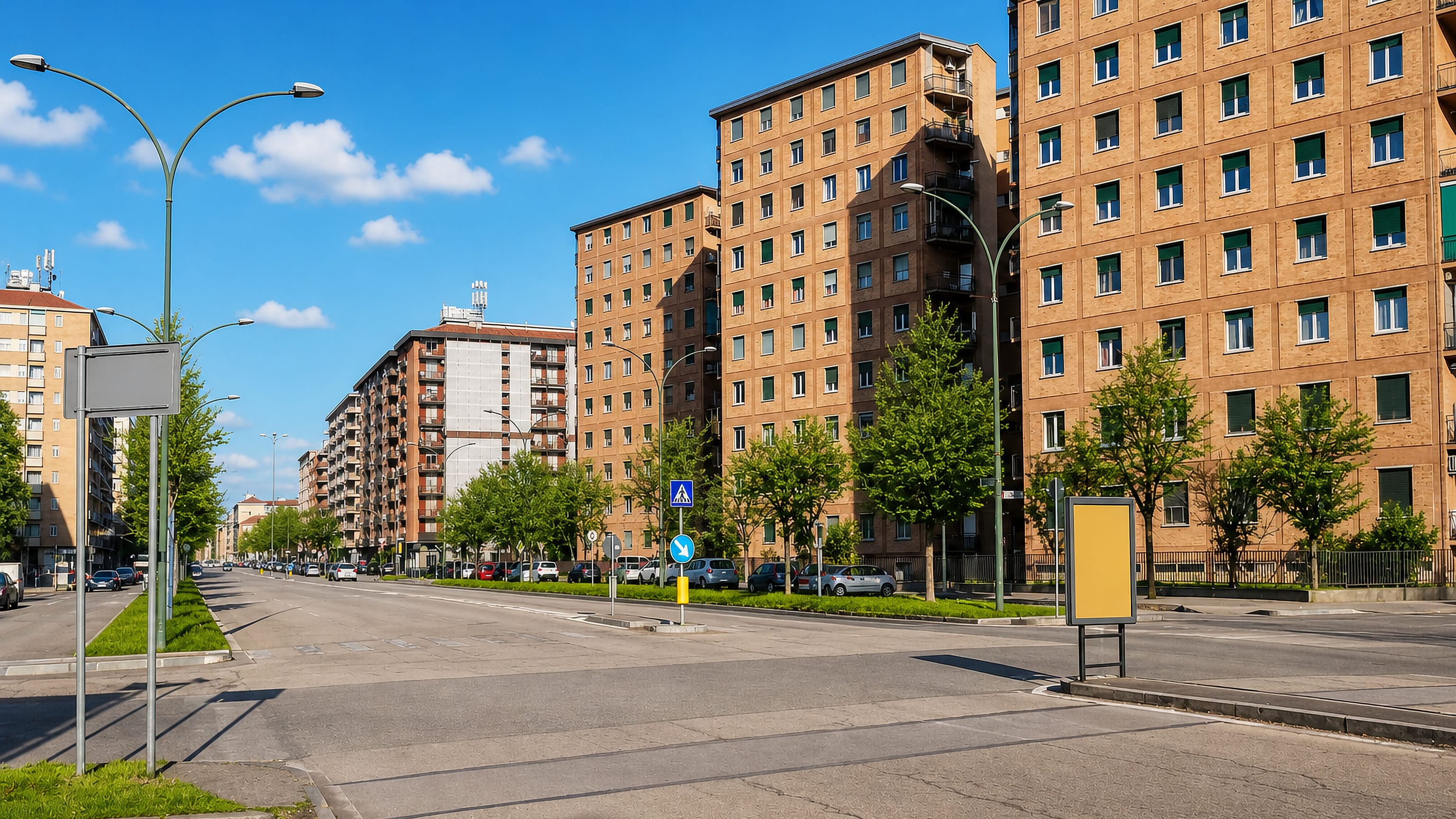 Post-war brick apartment blocks lining a wide tree-planted boulevard in Lingotto, Turin.
