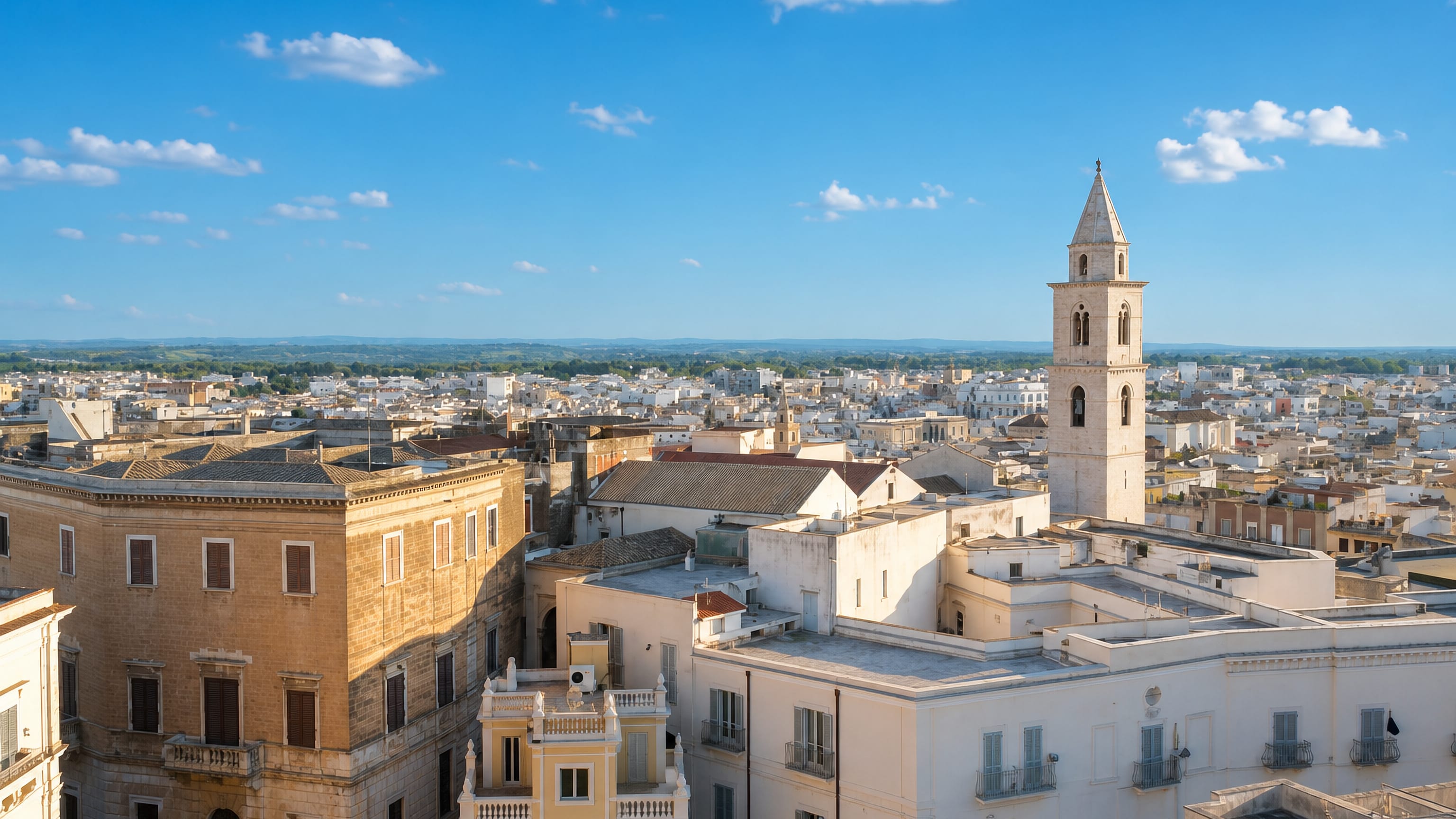 Whitewashed rooftops of Andria in Puglia spreading to the plain beneath a stone bell tower