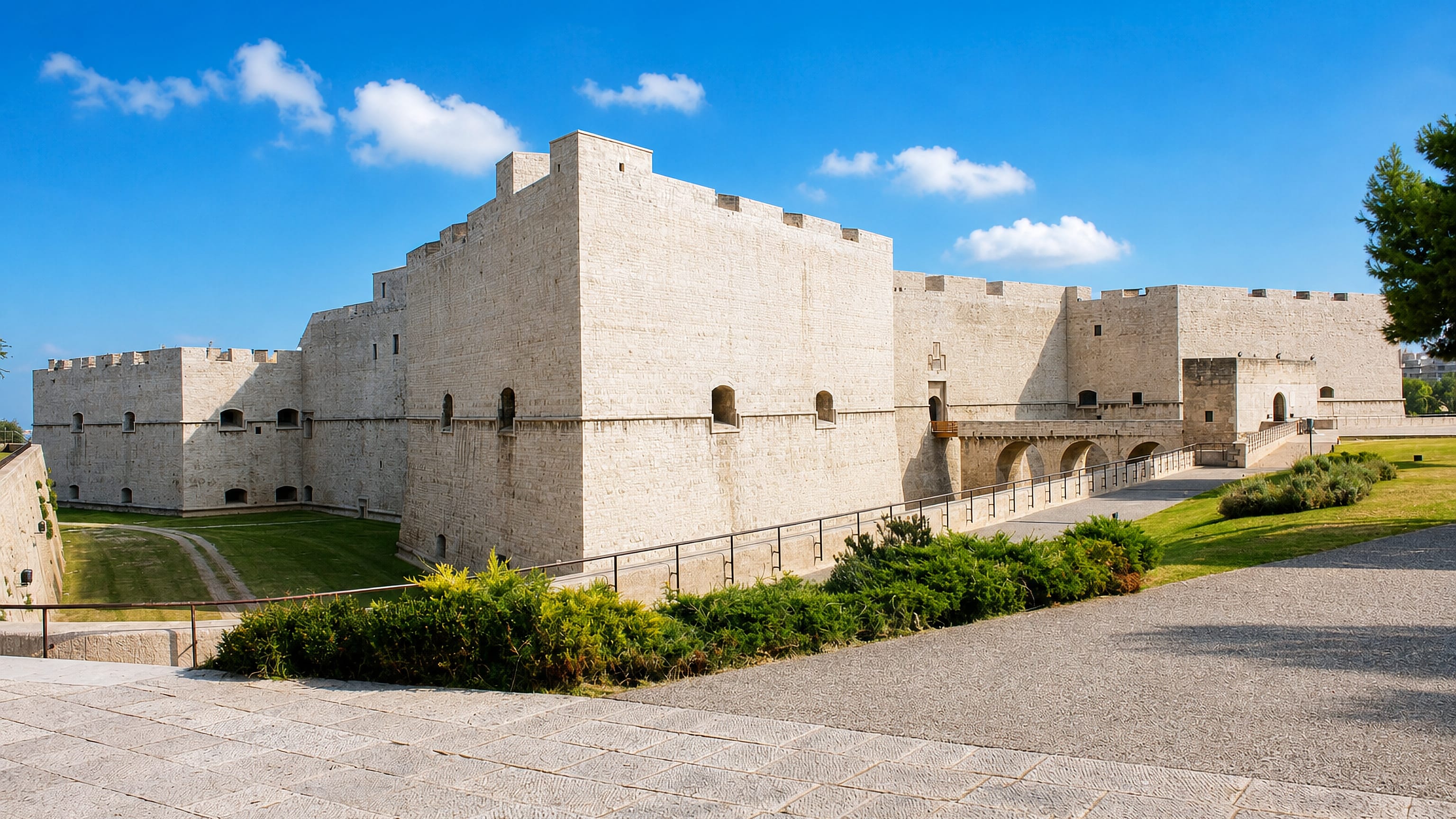 The pale limestone bastions of the Swabian Castle above its dry moat in Barletta, Puglia