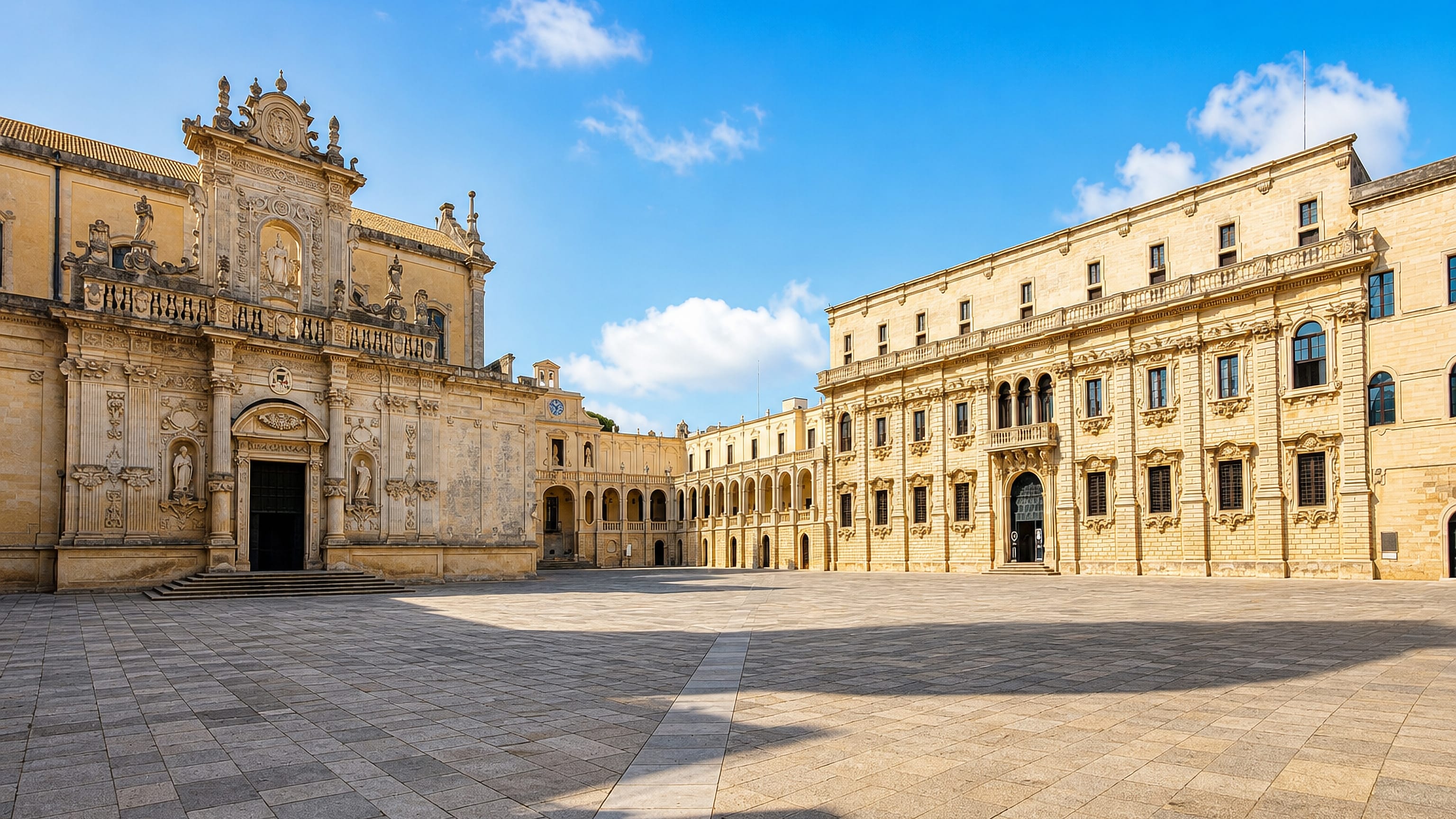 Lecce's baroque Piazza del Duomo with the cathedral's carved limestone facade and the seminary palace