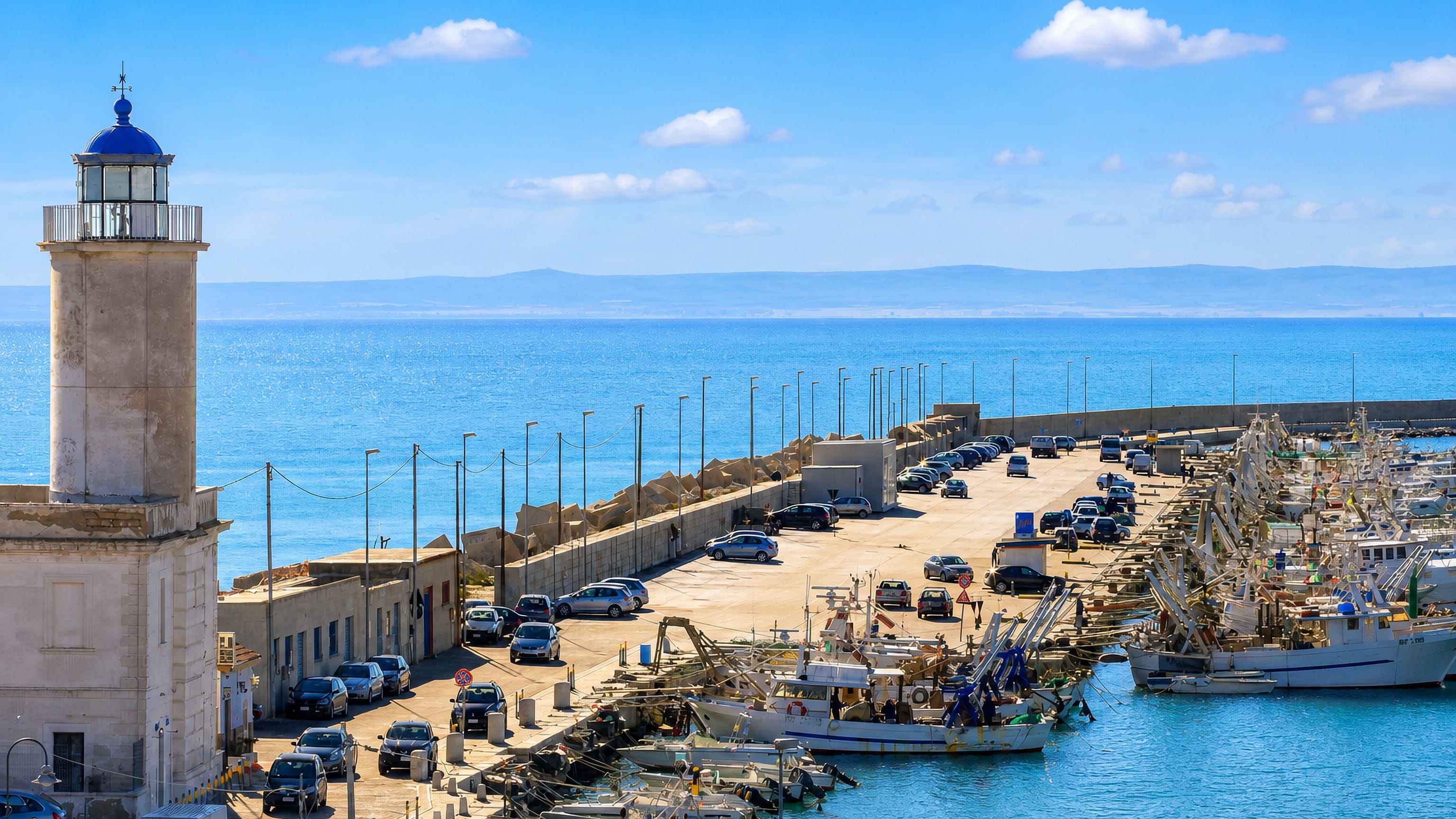 Manfredonia harbour in Puglia, its stone lighthouse above fishing boats moored along the breakwater quay.