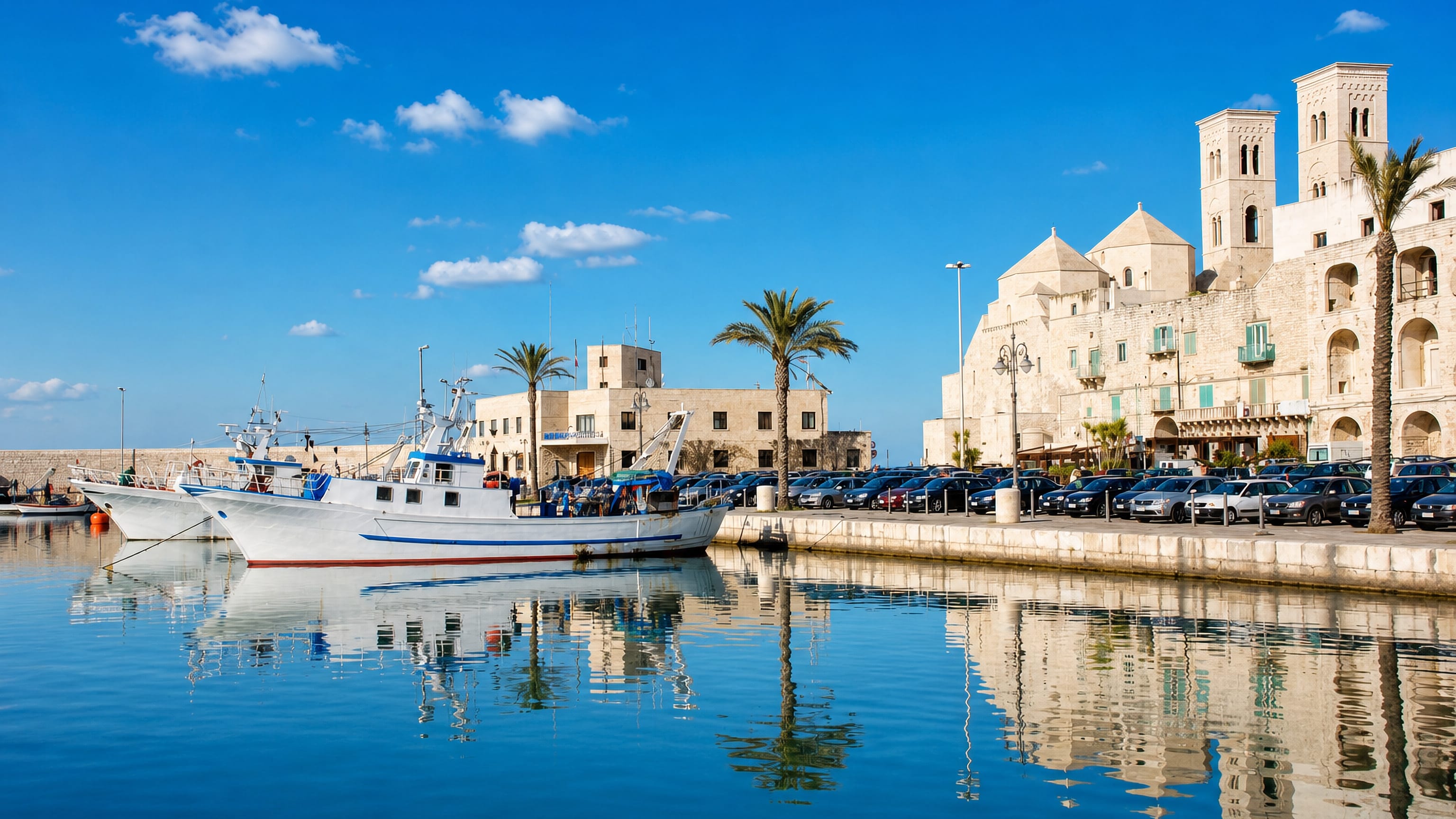 Molfetta harbour in Puglia with fishing boats moored below the twin-towered Duomo di San Corrado