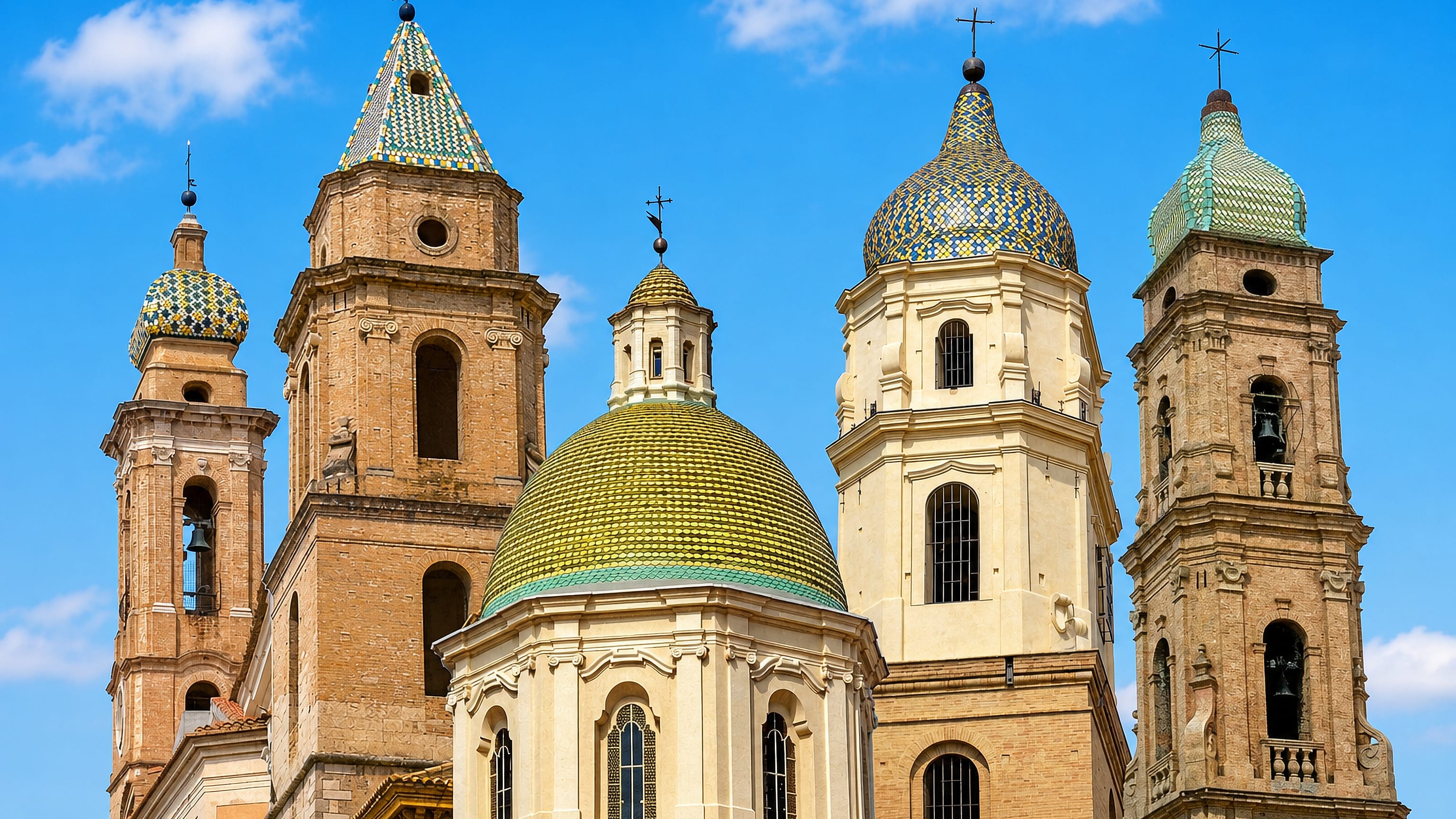 Majolica-tiled domes and brick bell towers of San Severo's churches rising against a blue Puglian sky.
