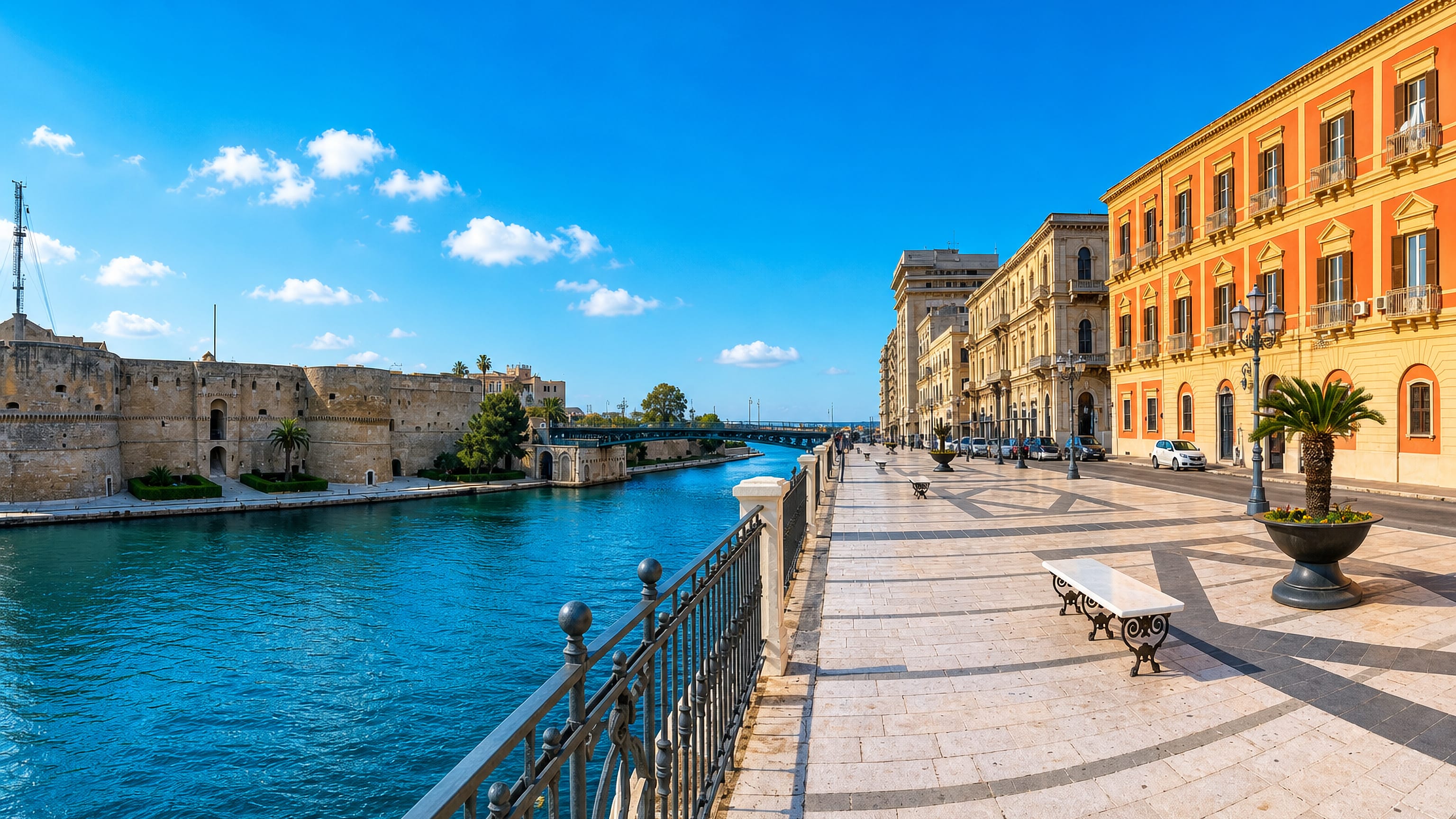 Taranto's navigable canal with the Aragonese Castle, the swing bridge and the Lungomare promenade.
