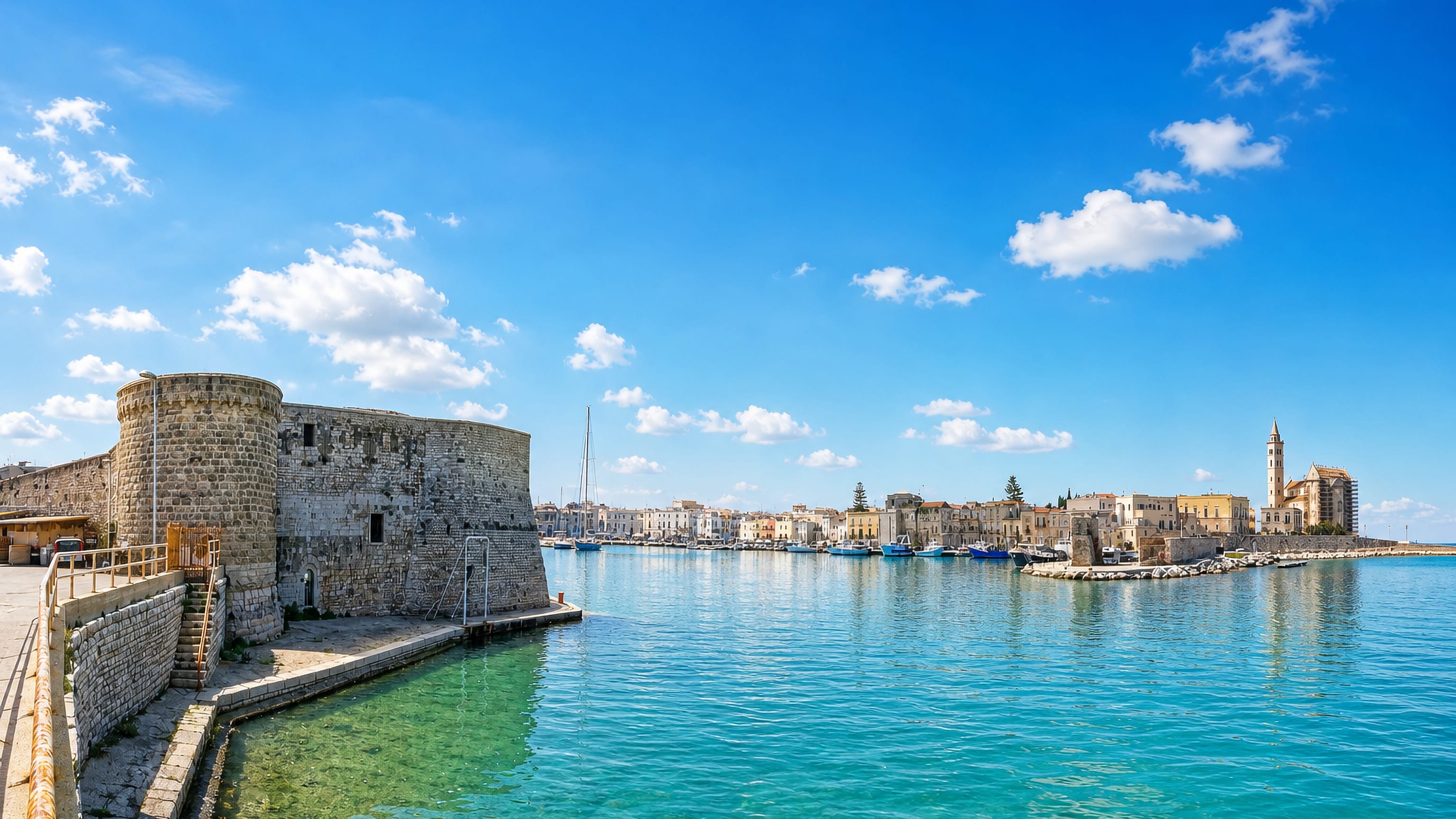 Trani's turquoise harbour with the Swabian Castle bastion and the cathedral's tall campanile on the Adriatic.