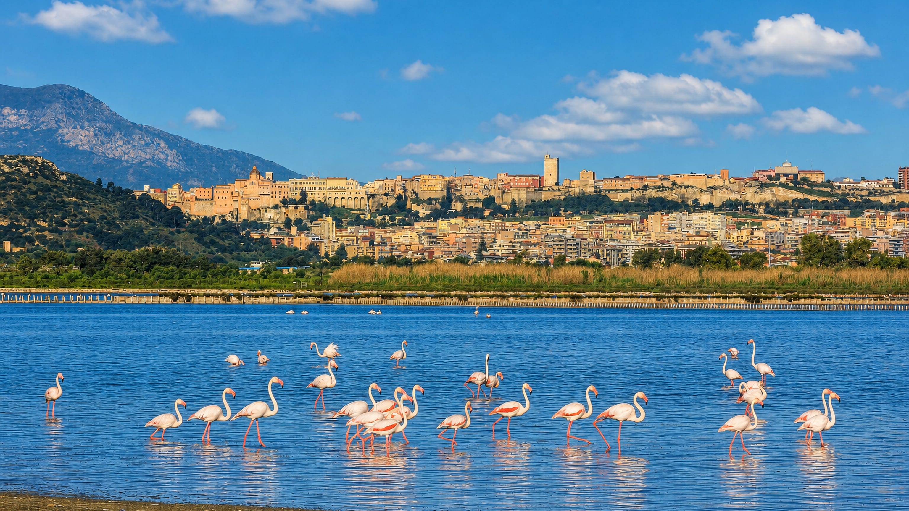 Flamingos wading in the Molentargius salt pond below Cagliari's hilltop Castello district in Sardinia.