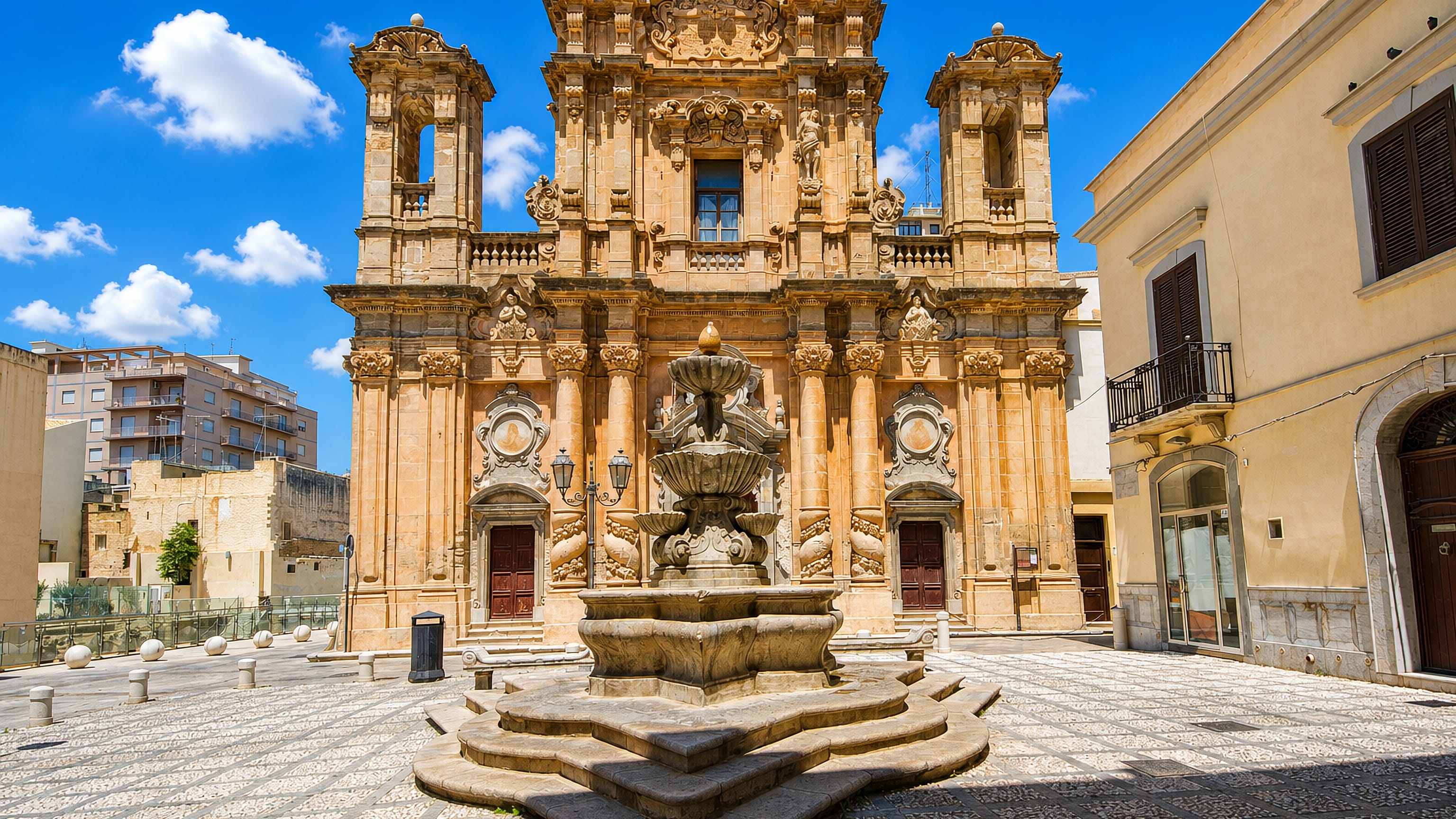 Baroque facade of Marsala's Chiesa del Purgatorio rising above the fountain on its paved Sicilian piazza.