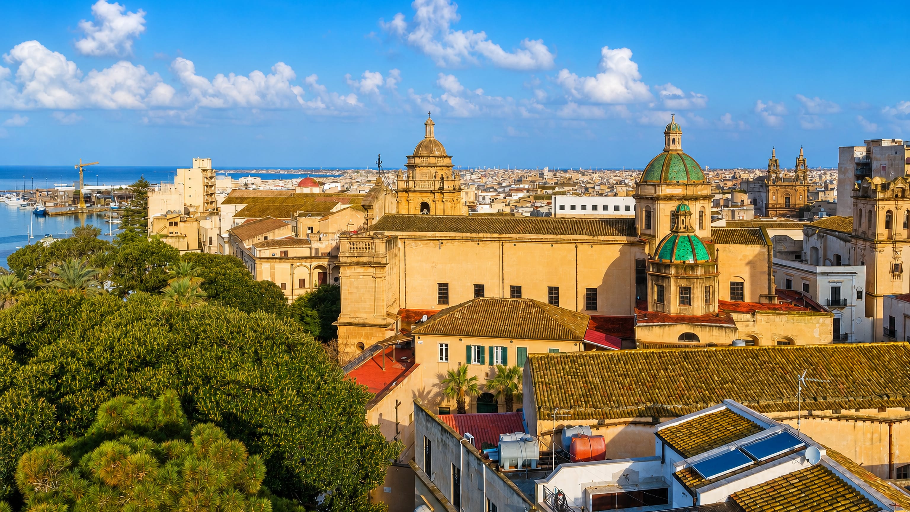 Rooftops, bell towers and the green-tiled dome of Mazara del Vallo above its fishing harbour, Sicily.