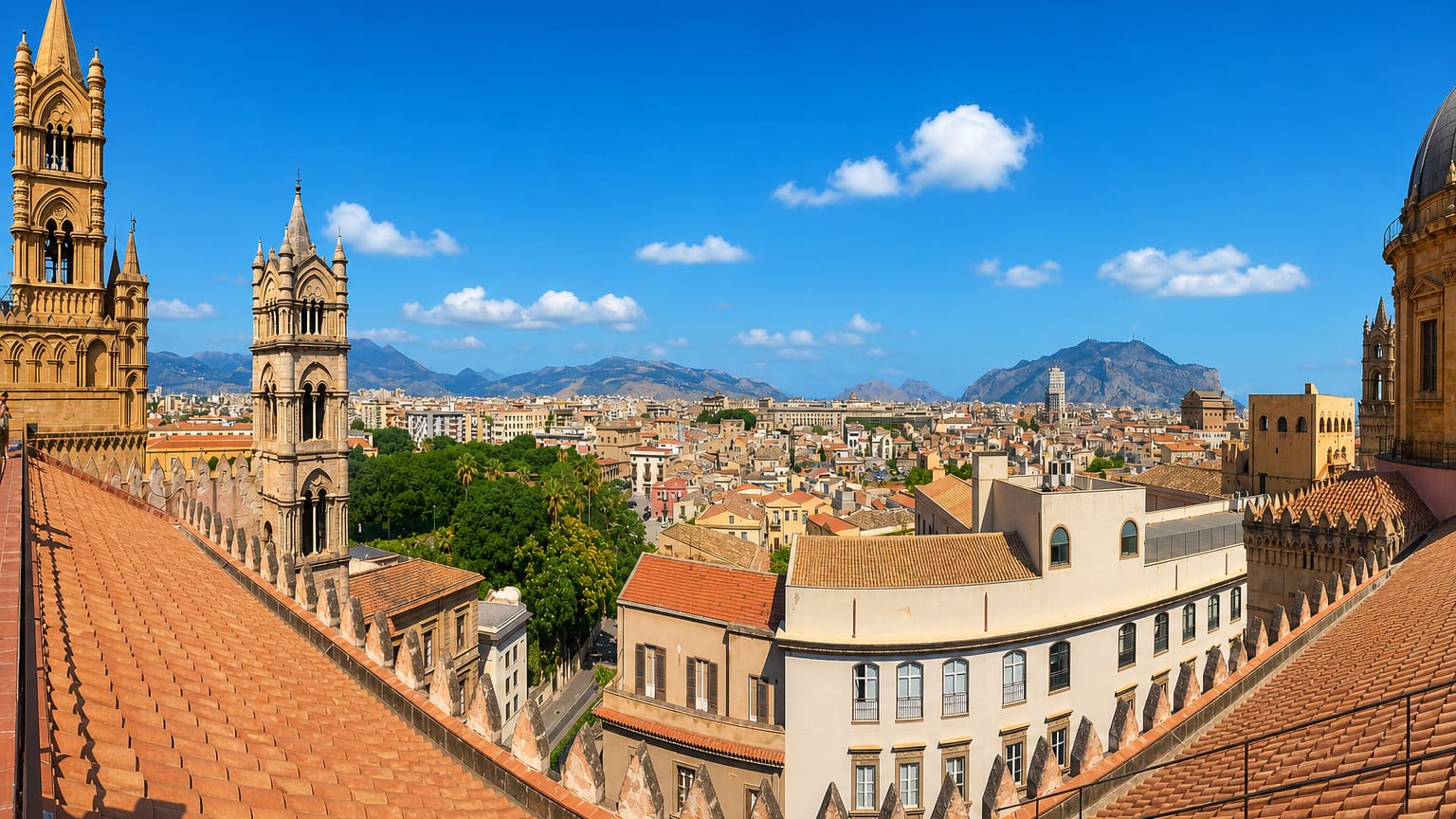 Rooftop view from Palermo Cathedral showing its Gothic spires above the city with mountains beyond under a blue sky