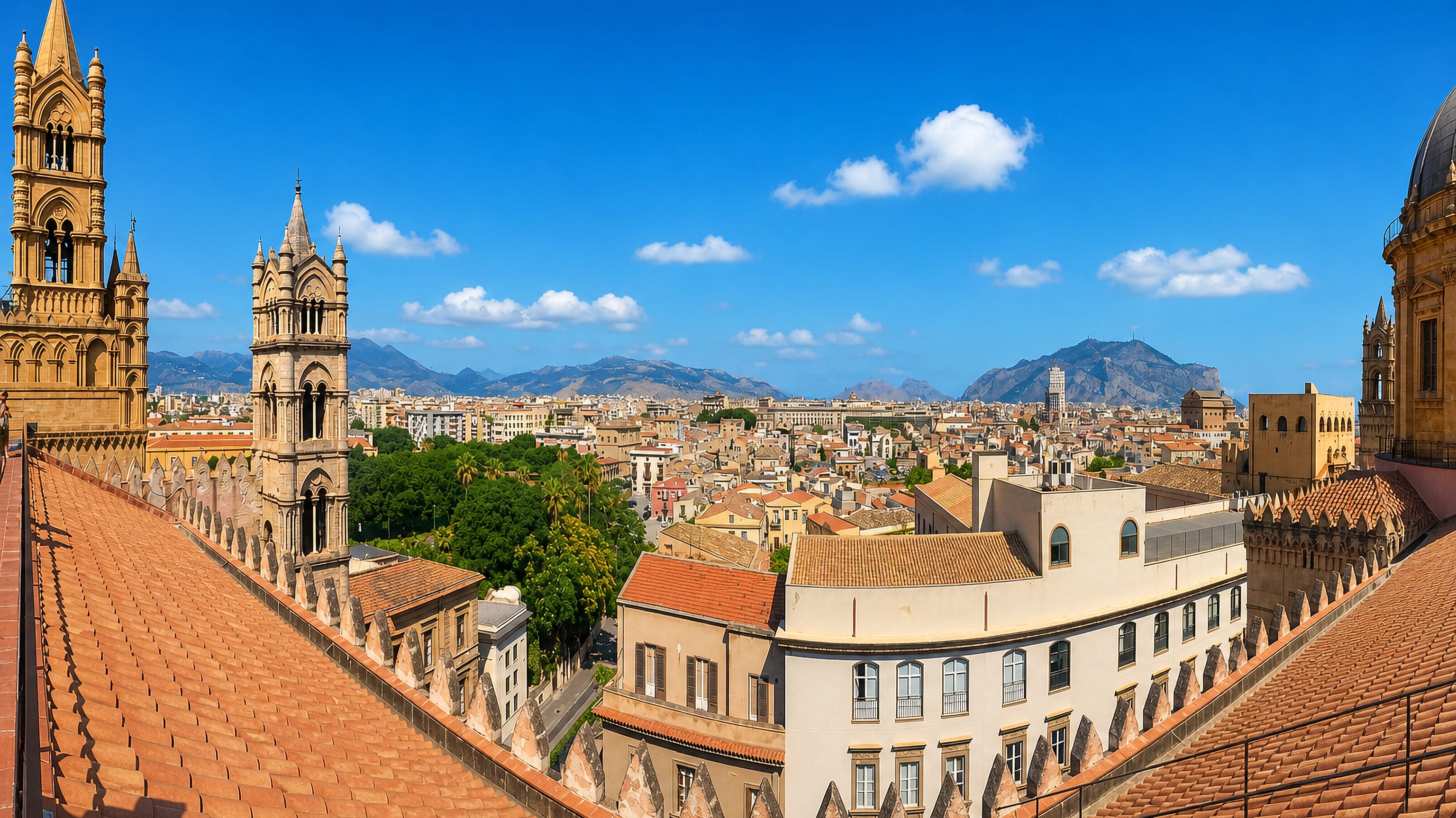 Rooftop view from Palermo Cathedral showing its Gothic spires above the city with mountains beyond under a blue sky
