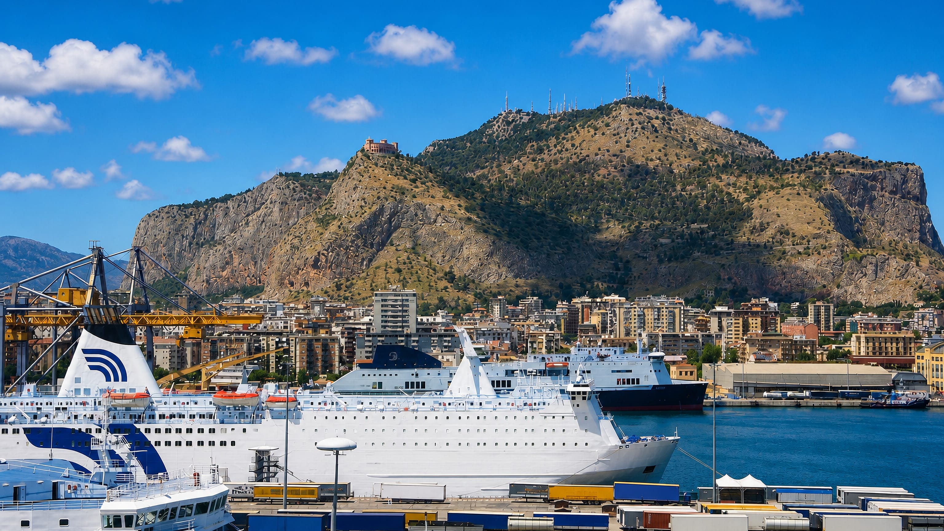 Monte Pellegrino rising above Palermo's port, with ferries and cruise ships moored along the quays below.