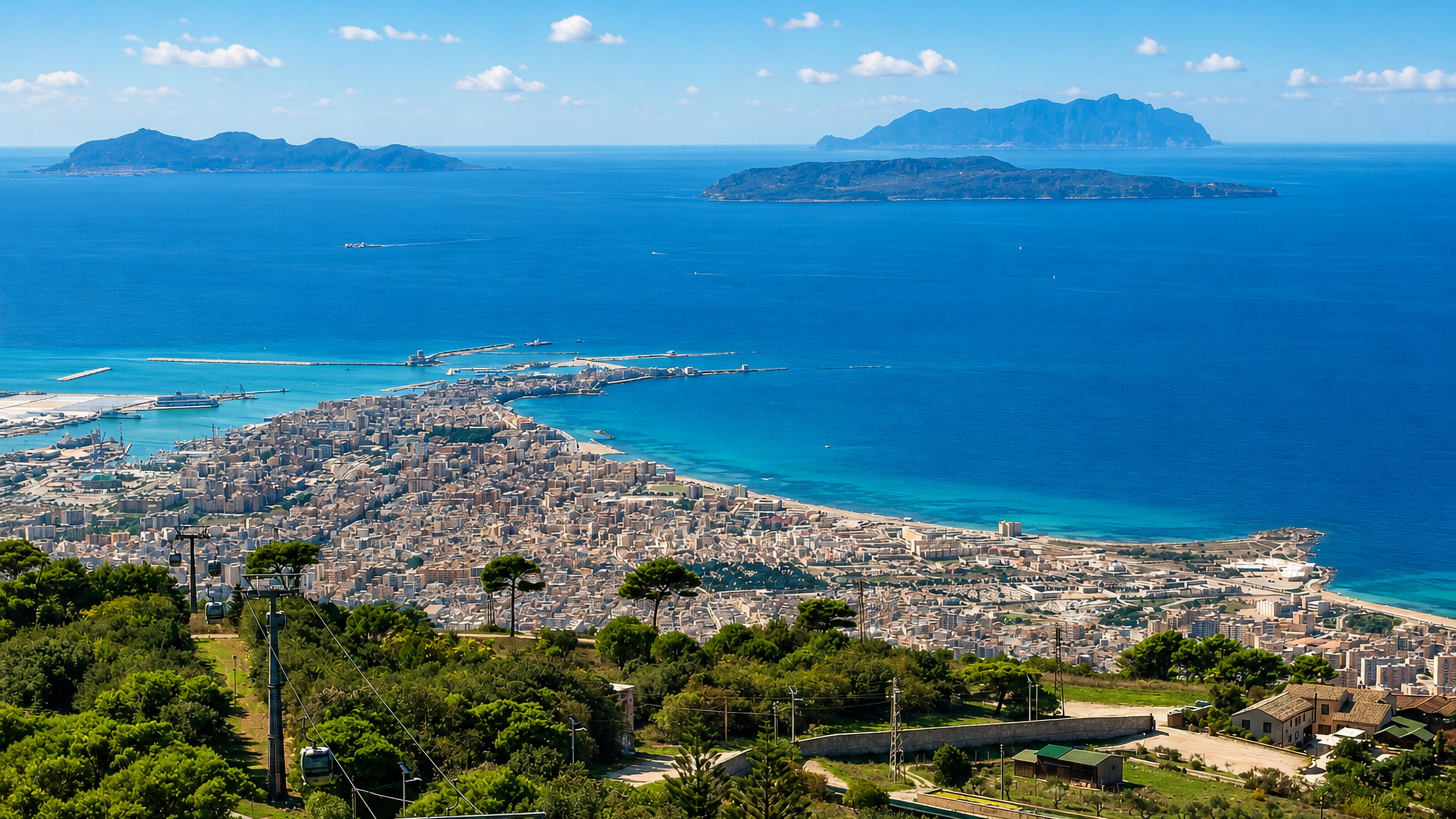 Trapani's sickle-shaped peninsula and harbour seen from Erice, with the Egadi Islands offshore across turquoise sea.