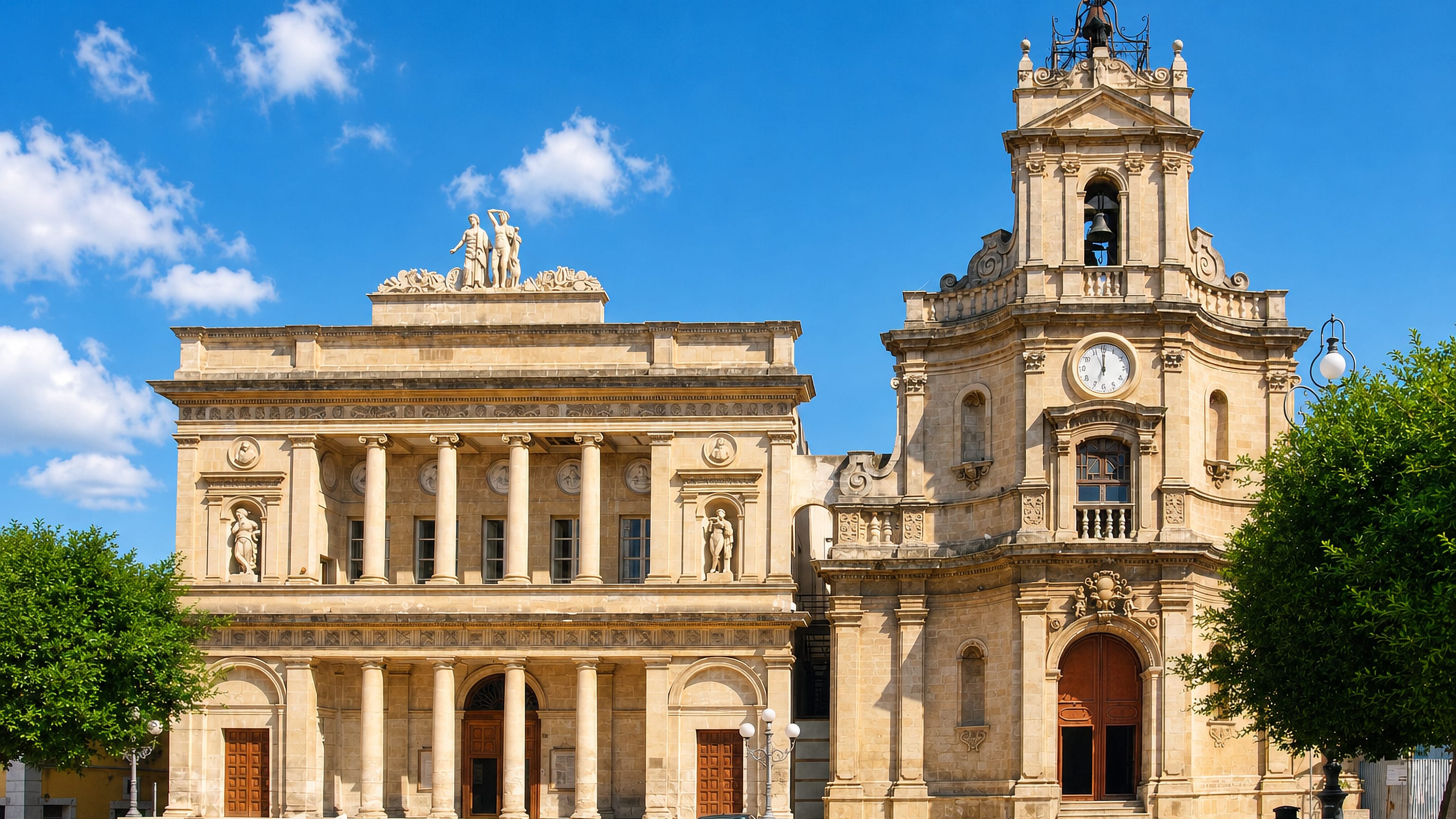 The neoclassical theatre and baroque church of Santa Maria delle Grazie on the main square of Vittoria, Sicily