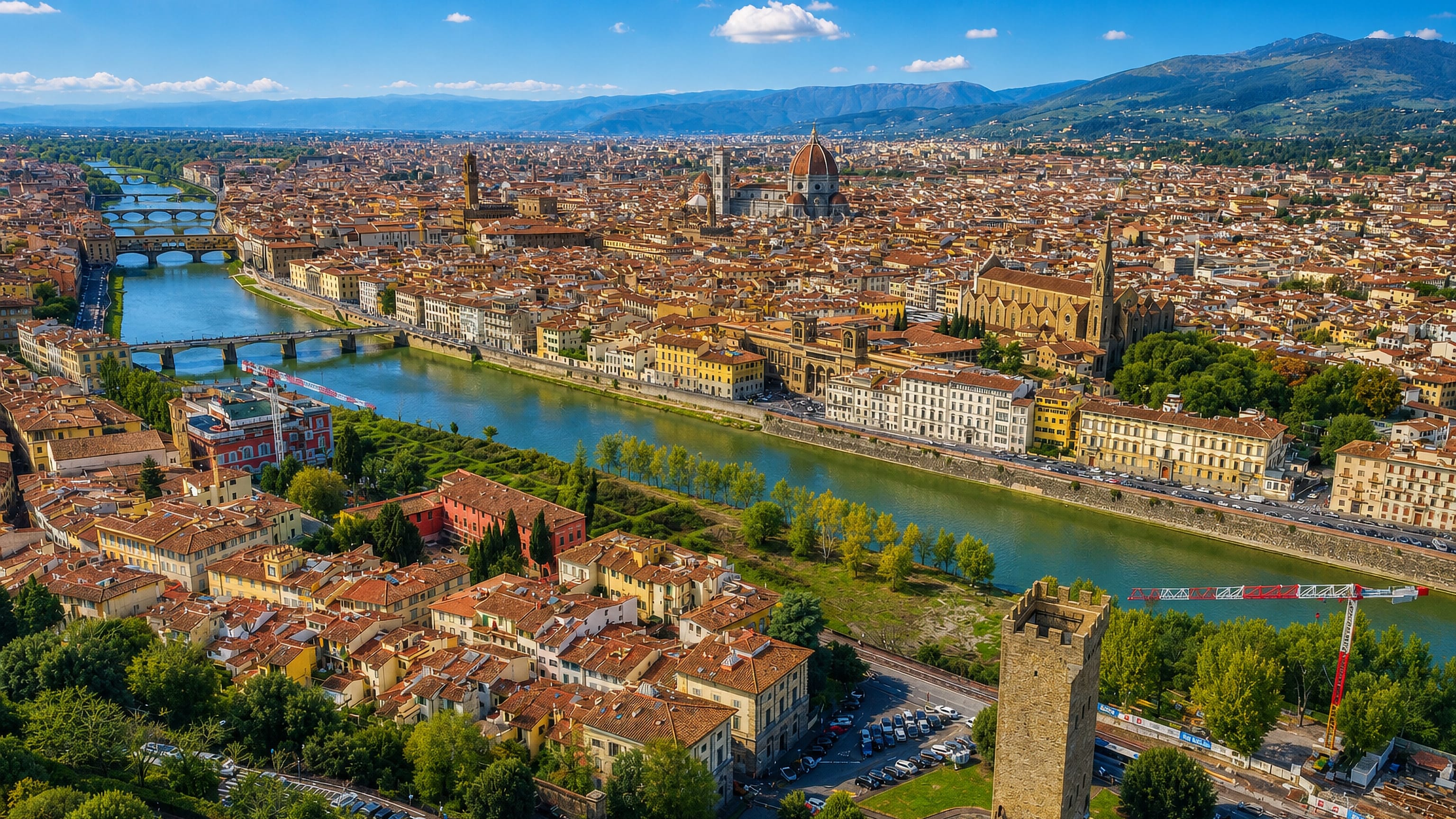 Florence above the Arno, with Brunelleschi's Duomo, Ponte Vecchio and the Torre San Niccolo.