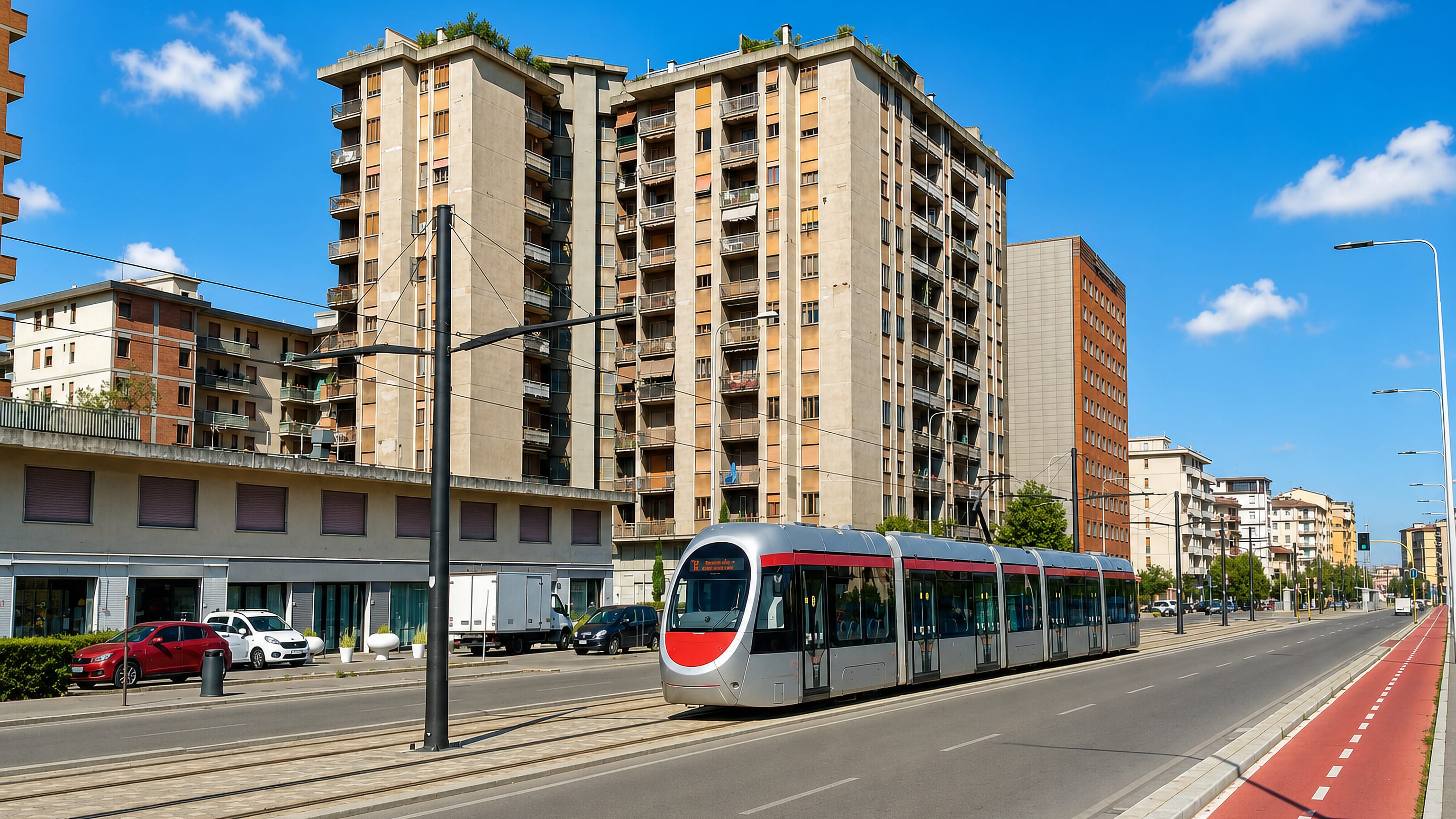 A Florence tram passing mid-century apartment blocks on a wide boulevard in the Novoli district