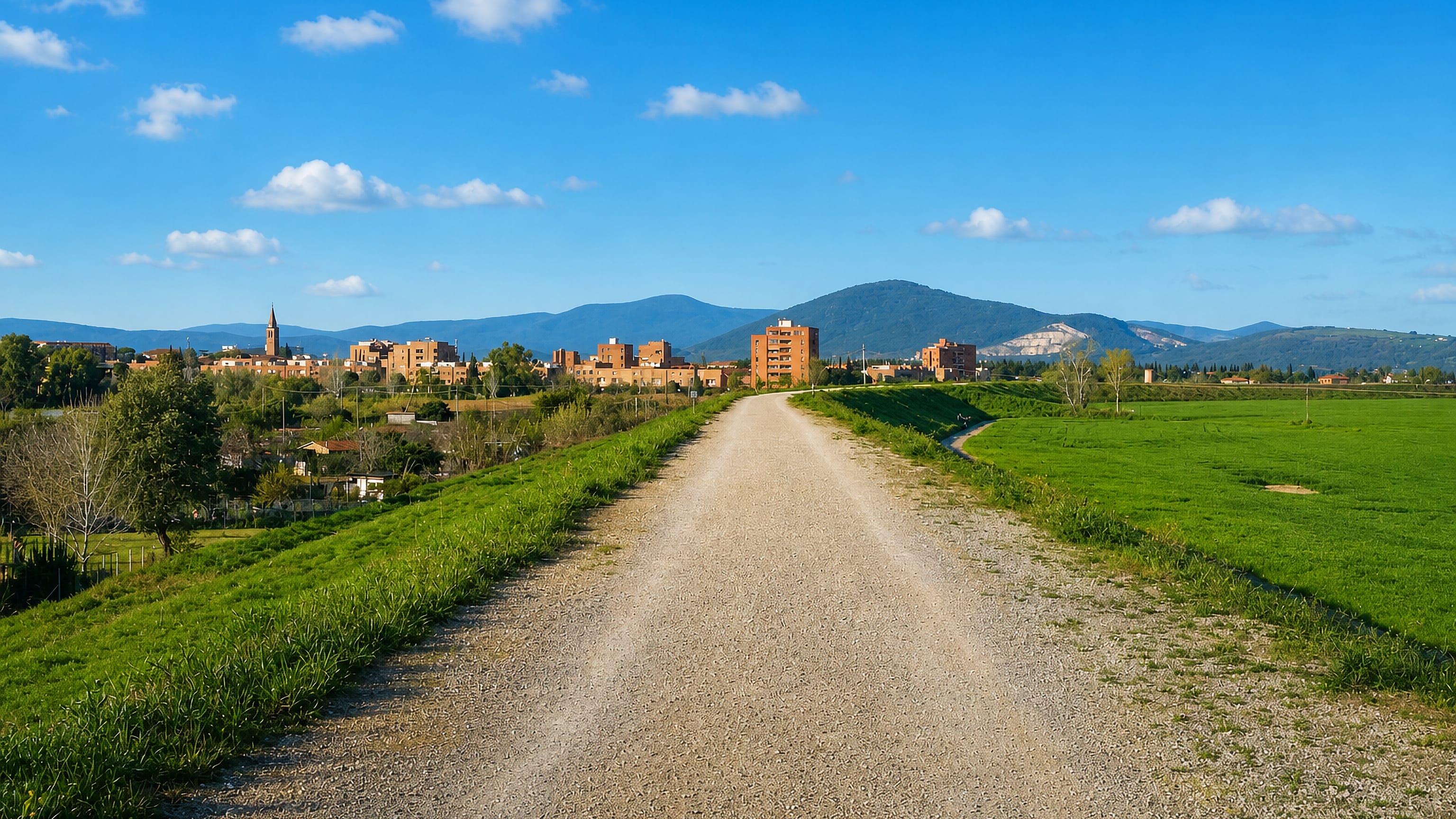 Gravel embankment path across green fields toward Alberino on the edge of Grosseto, with hills beyond.