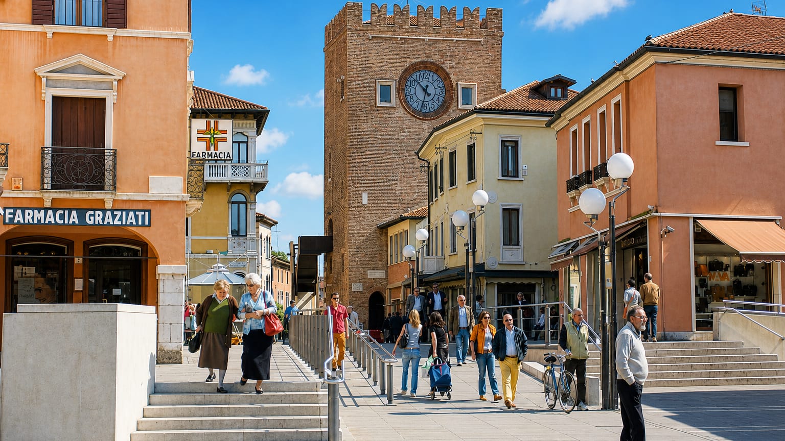 Piazza Erminio Ferretto in Mestre with the medieval Torre dell'Orologio clock tower and pastel Venetian buildings on a sunny day.