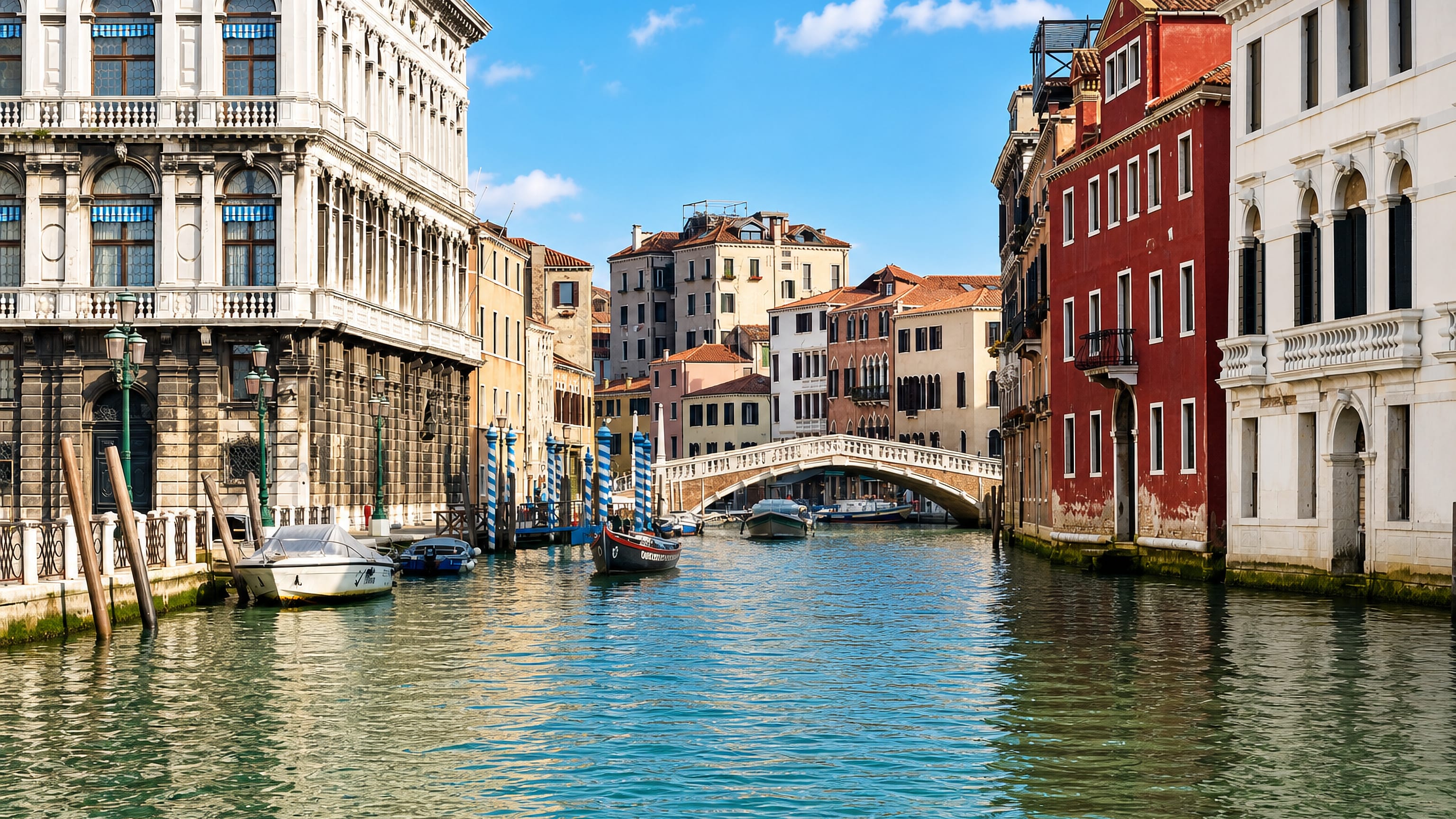 A wide canal in Venice's Cannaregio lined with palazzi, striped mooring poles and an arched stone bridge