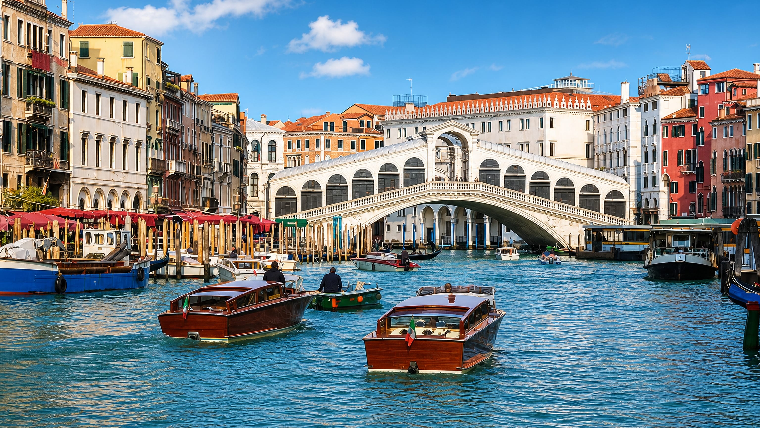 Rialto Bridge arching over Venice's Grand Canal with water taxis and gondolas passing pastel palazzi.