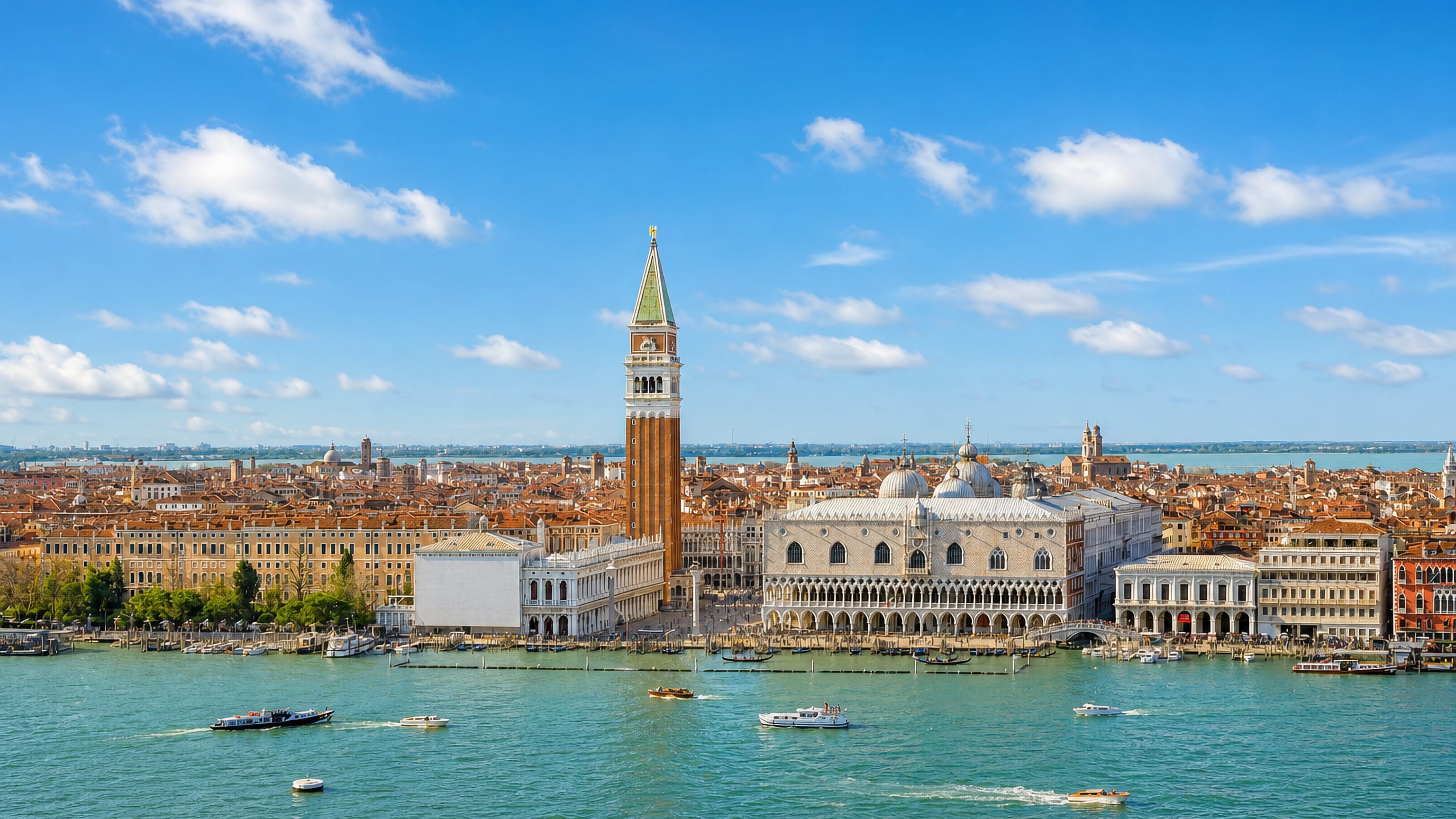 St Mark's Campanile and the Doge's Palace on the San Marco waterfront in Venice