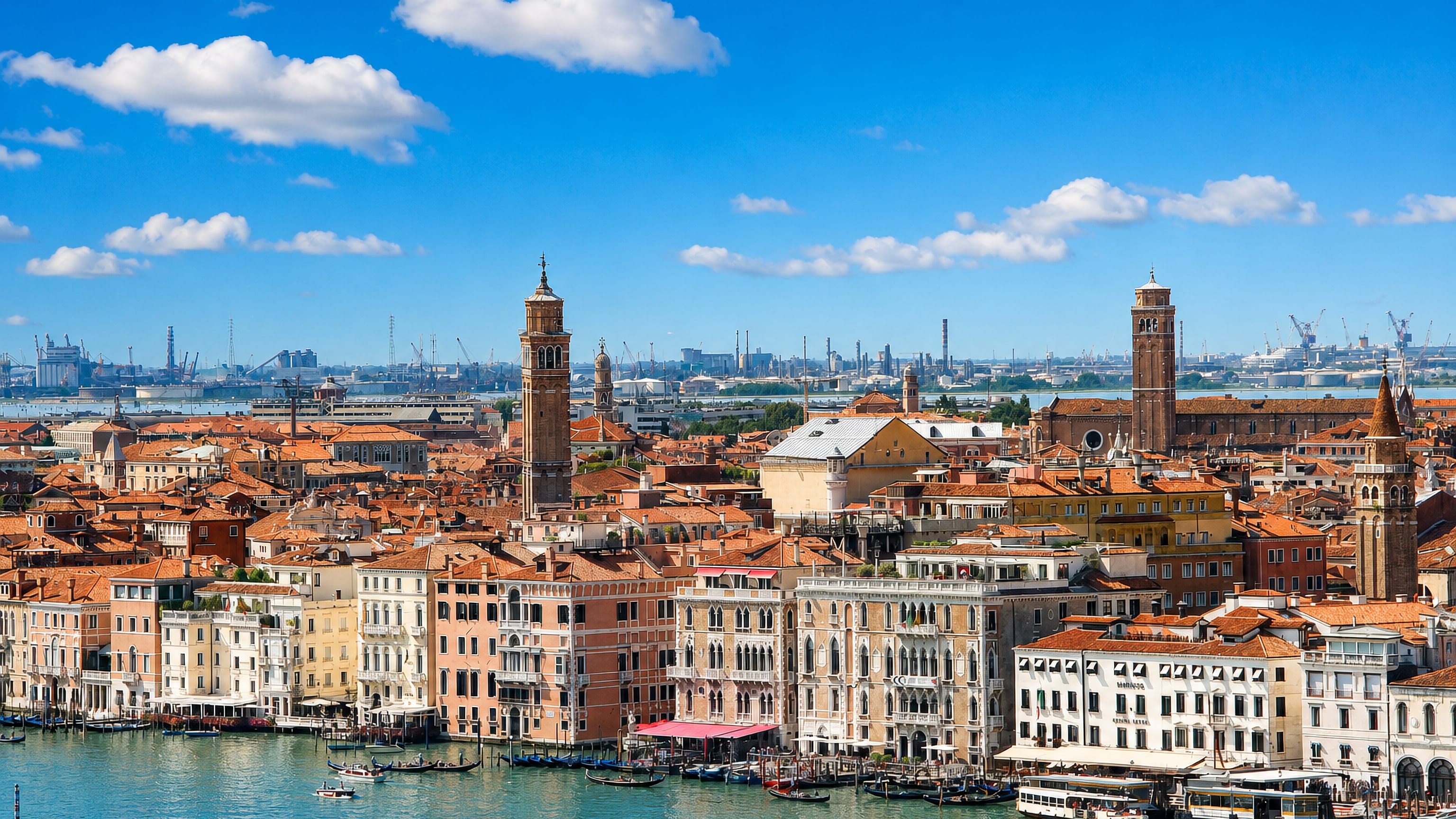 Rooftops, campanili and Grand Canal palaces of San Polo, Venice, seen from above on a clear day.